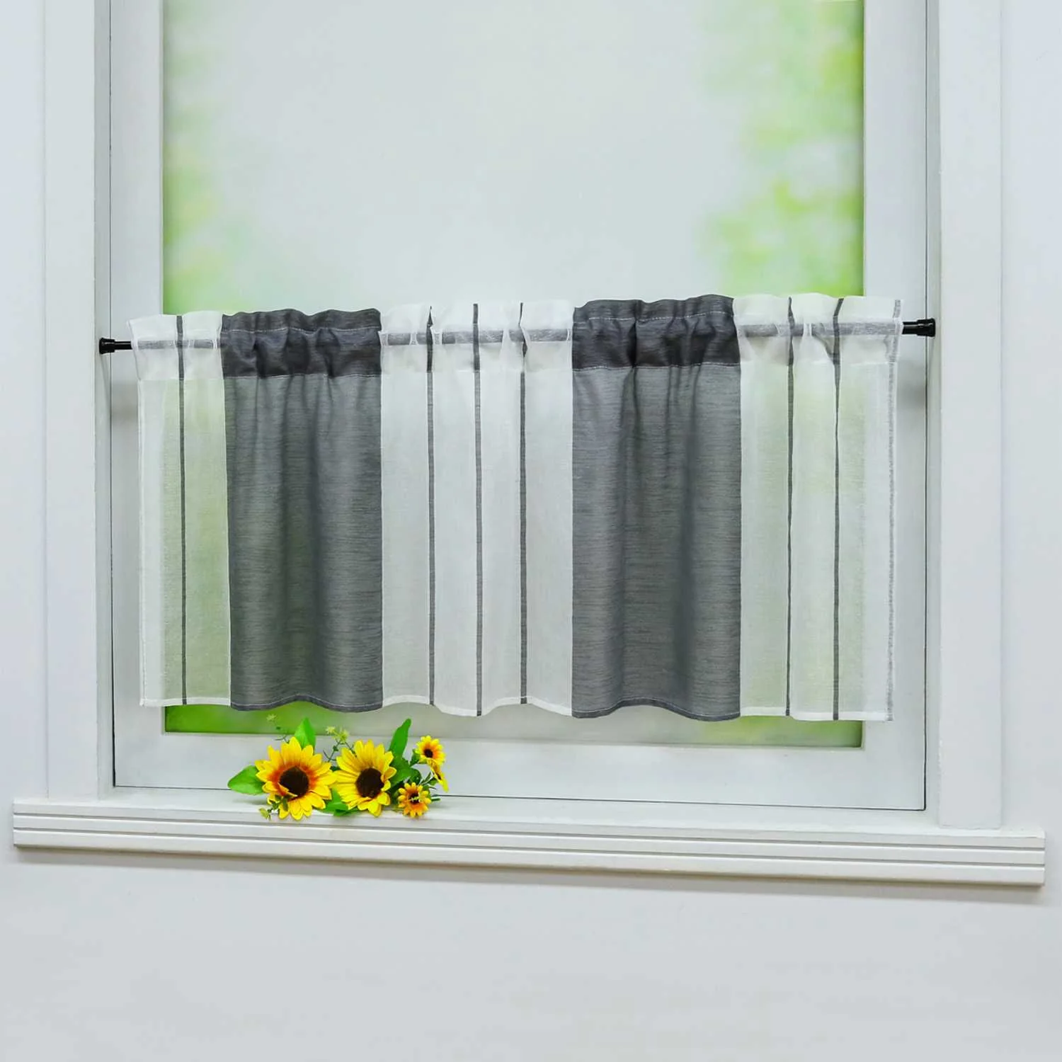 Scheibengardine durch Stangendurchzug zusammenziehbar weiße Streifenmuster halbtransparent 1 Stück