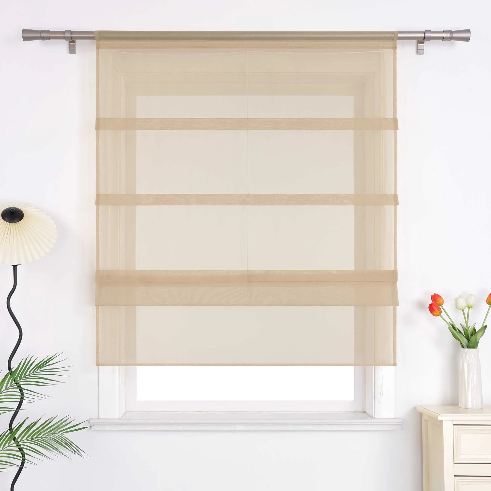 Raffrollo Voile Raffgardinen durch Tunnelzug Bändchenrollo Küche Gardinen Transparent Uni 1 Stück