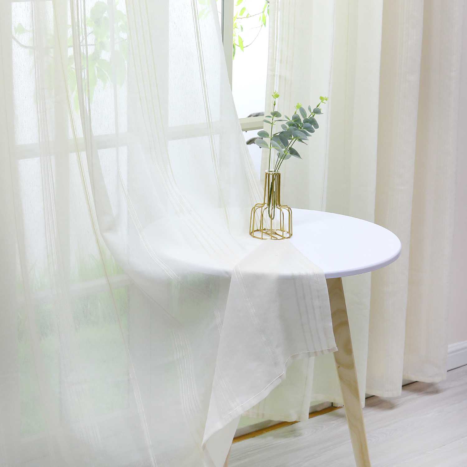 Vorhang 2er Set Voile Gardinen mit vertikalen Streifen Modern Transparent Schlafzimmer Wohnzimmer 2 Stück