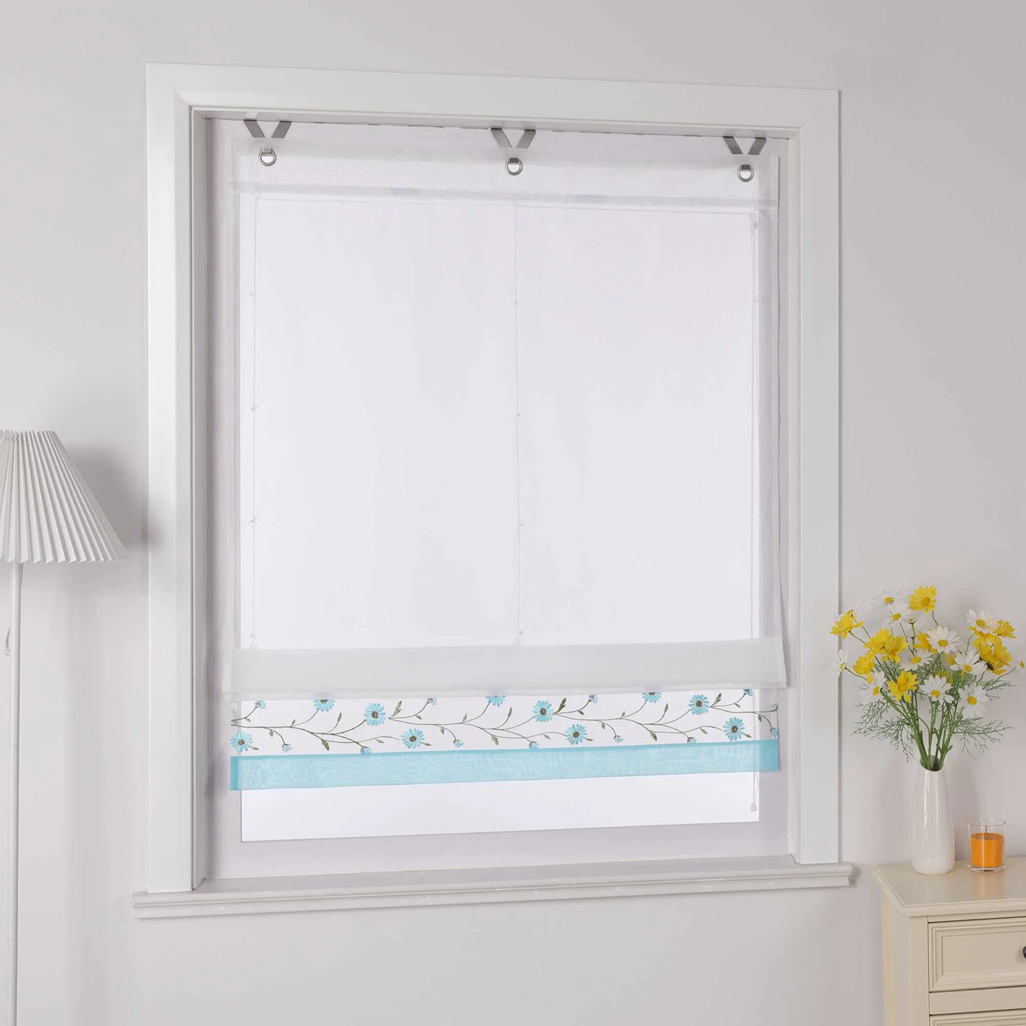 Raffrollo Voile Raffgardinen mit Schlaufen Küche Fenster Vorhänge mit Blumenmuster Stickerei Transparent Weiß 1 Stück
