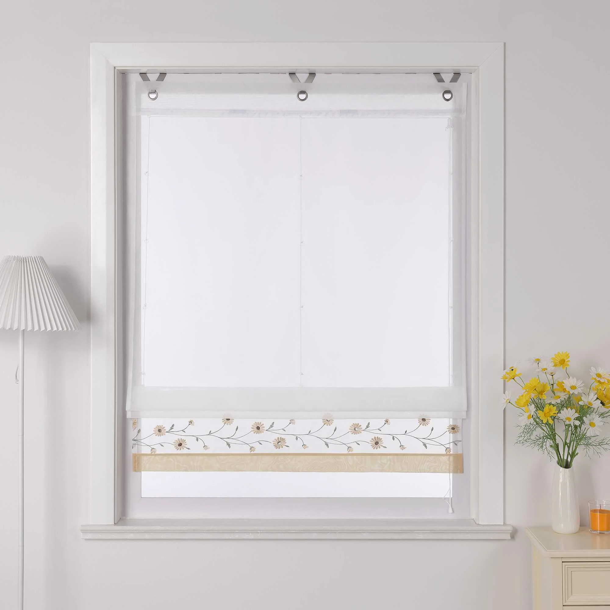 Raffrollo Voile Raffgardinen mit Schlaufen Küche Fenster Vorhänge mit Blumenmuster Stickerei Transparent Weiß 1 Stück