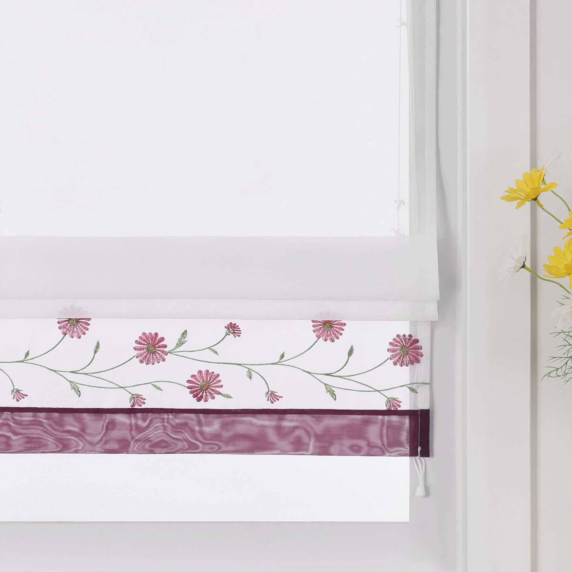 Raffrollo Voile Raffgardinen mit Schlaufen Küche Fenster Vorhänge mit Blumenmuster Stickerei Transparent Weiß 1 Stück