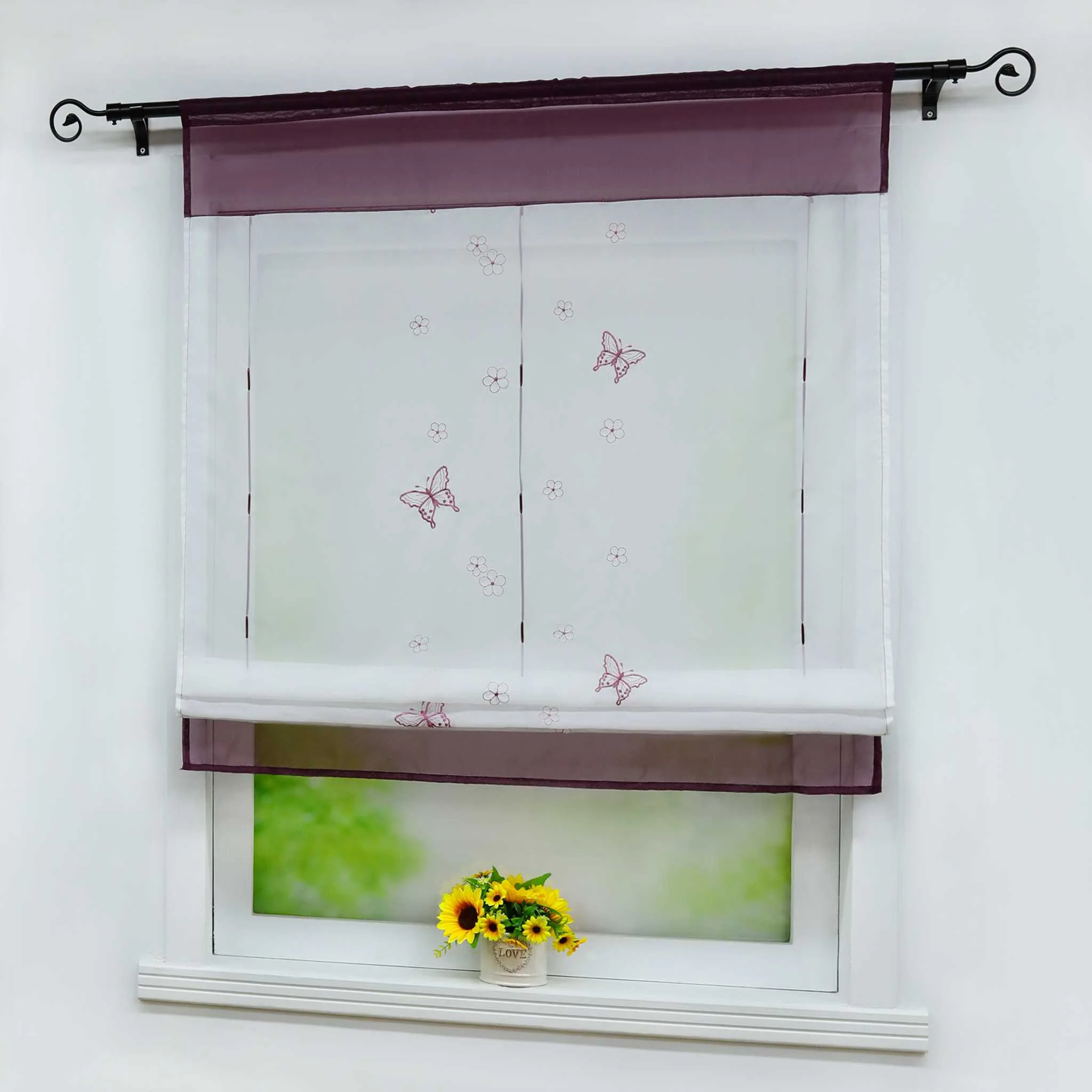 Raffrollo durch Tunnelzug Voile Küchengardinen modern Raffgardinen mit Stickerei Transparent 1 Stück