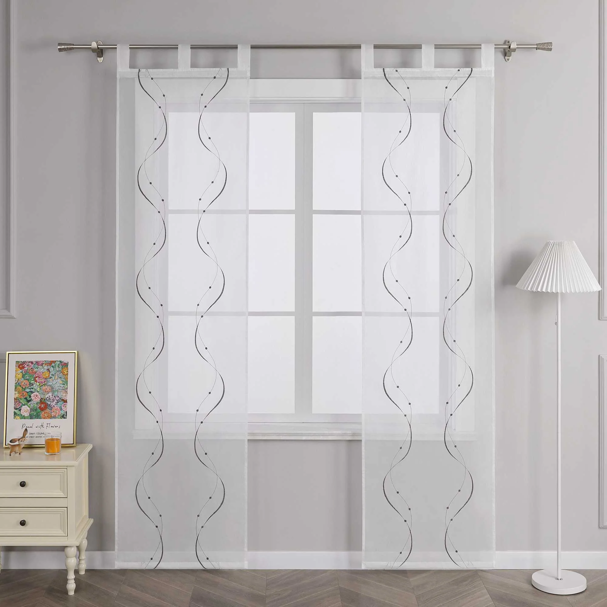 Schiebegardinen mit Schlaufen 2er Flächenvorhänge Schiebevorhang mit Wellenperlenmuster Stickerei Transparent