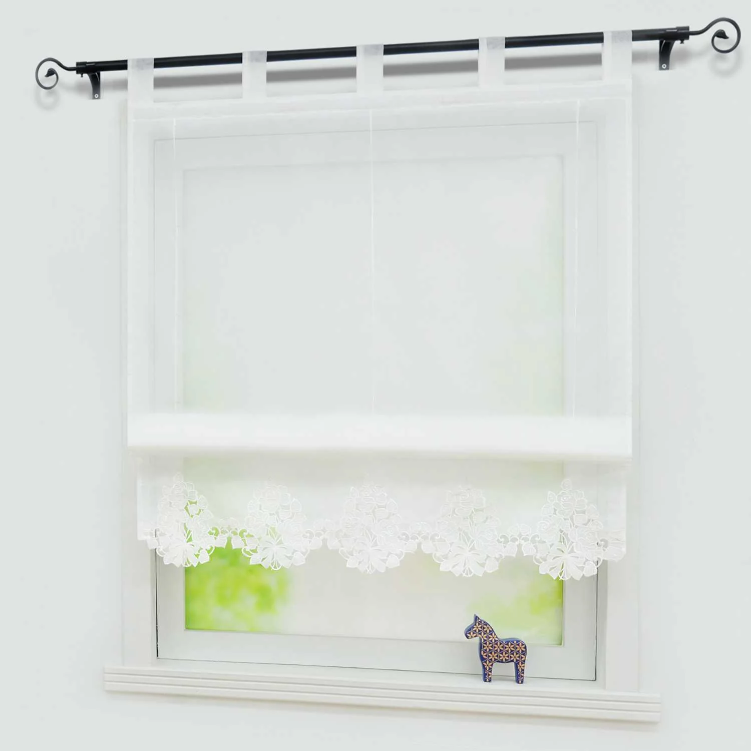 Raffrollo mit Schlaufen Modern Raffgardinen Voile Küche Gardine mit Stickerei Landhausstil Weiß