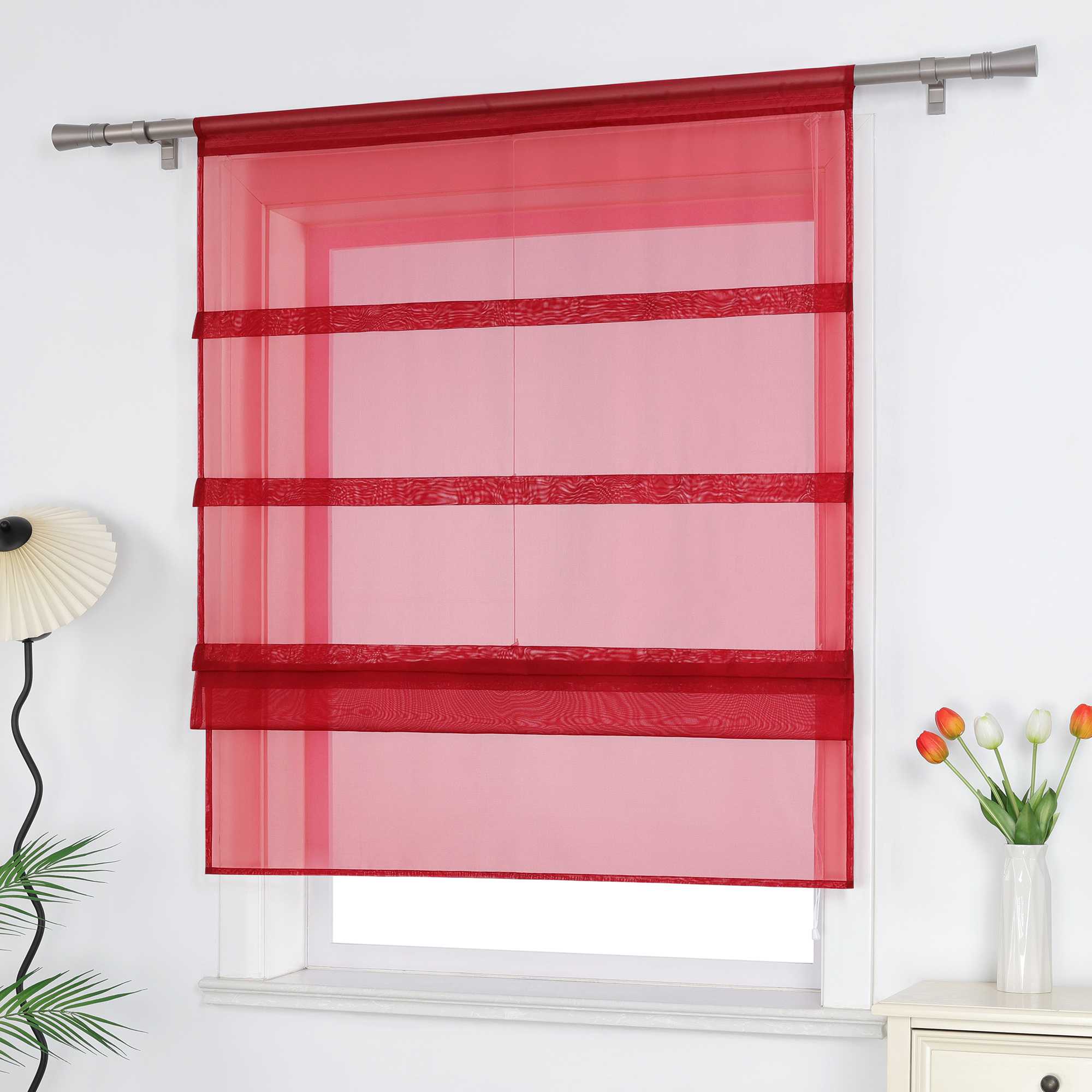 Raffrollo Voile Raffgardinen durch Tunnelzug Bändchenrollo Küche Gardinen Transparent Uni 1 Stück