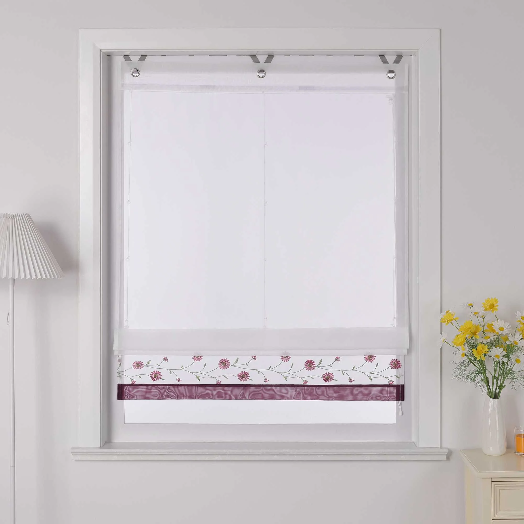 Raffrollo Voile Raffgardinen mit Schlaufen Küche Fenster Vorhänge mit Blumenmuster Stickerei Transparent Weiß 1 Stück