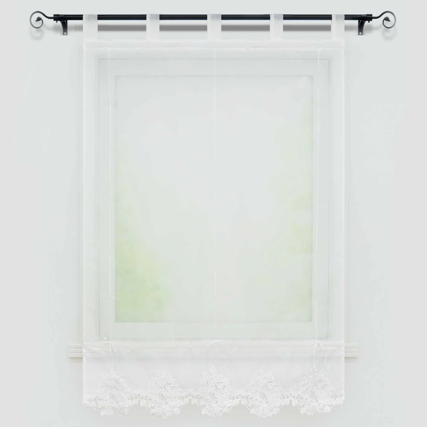 Raffrollo mit Schlaufen Modern Raffgardinen Voile Küche Gardine mit Stickerei Landhausstil Weiß