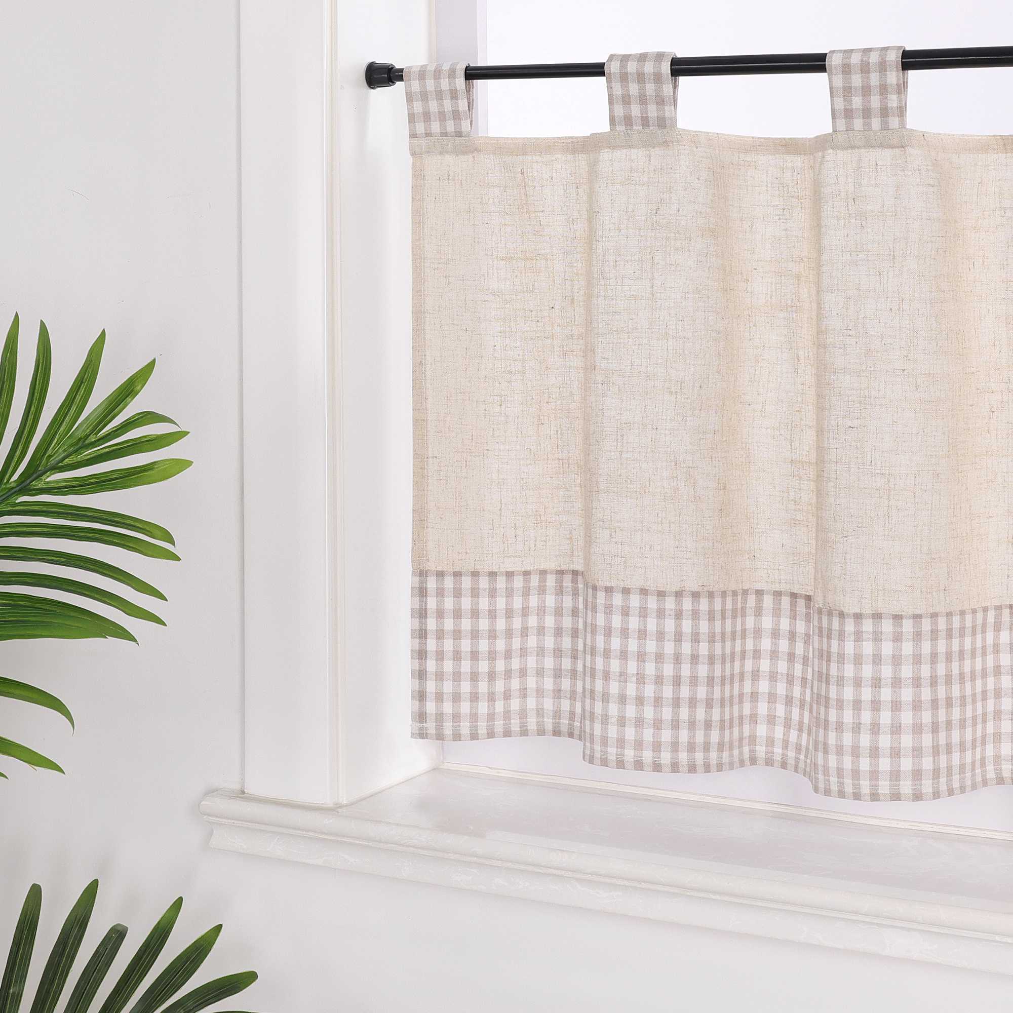 Scheibengardine mit Schlaufen karierte Bistrogardinen Leinen Küche Vorhang Halbtransparent