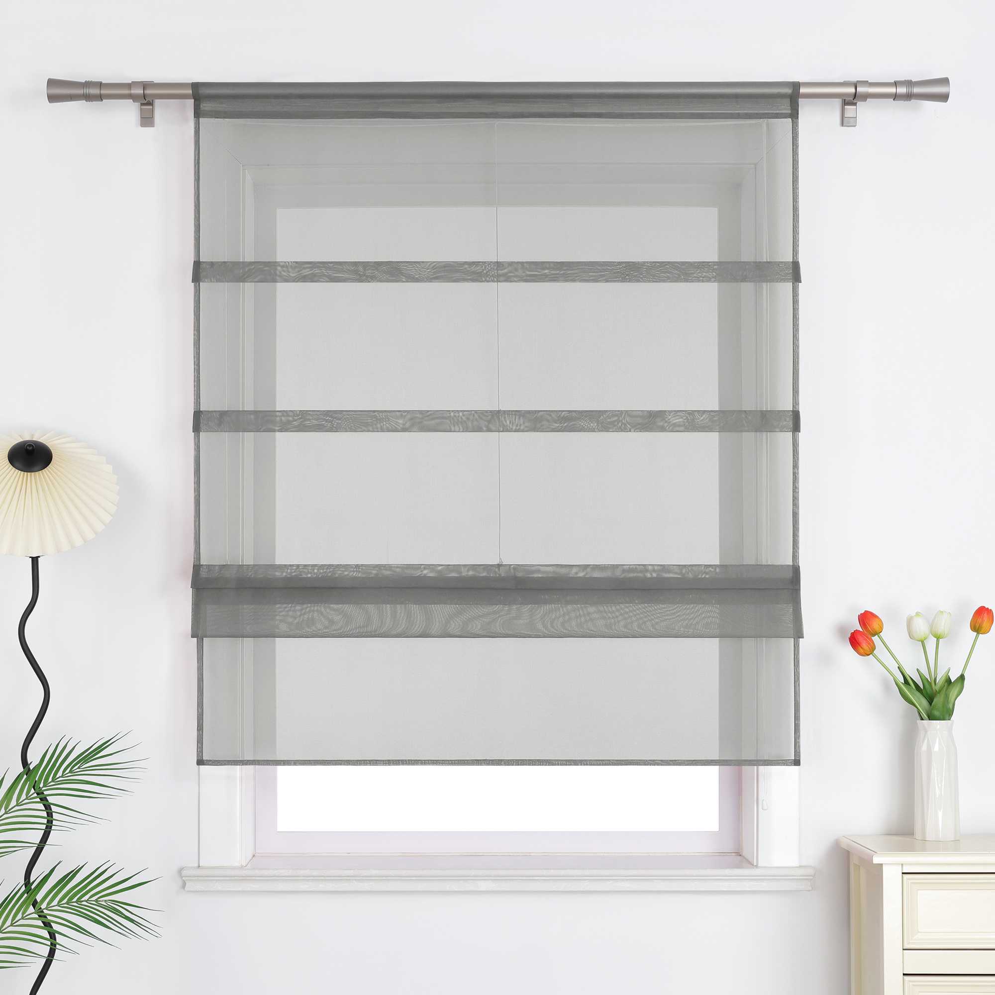 Raffrollo Voile Raffgardinen durch Tunnelzug Bändchenrollo Küche Gardinen Transparent Uni 1 Stück