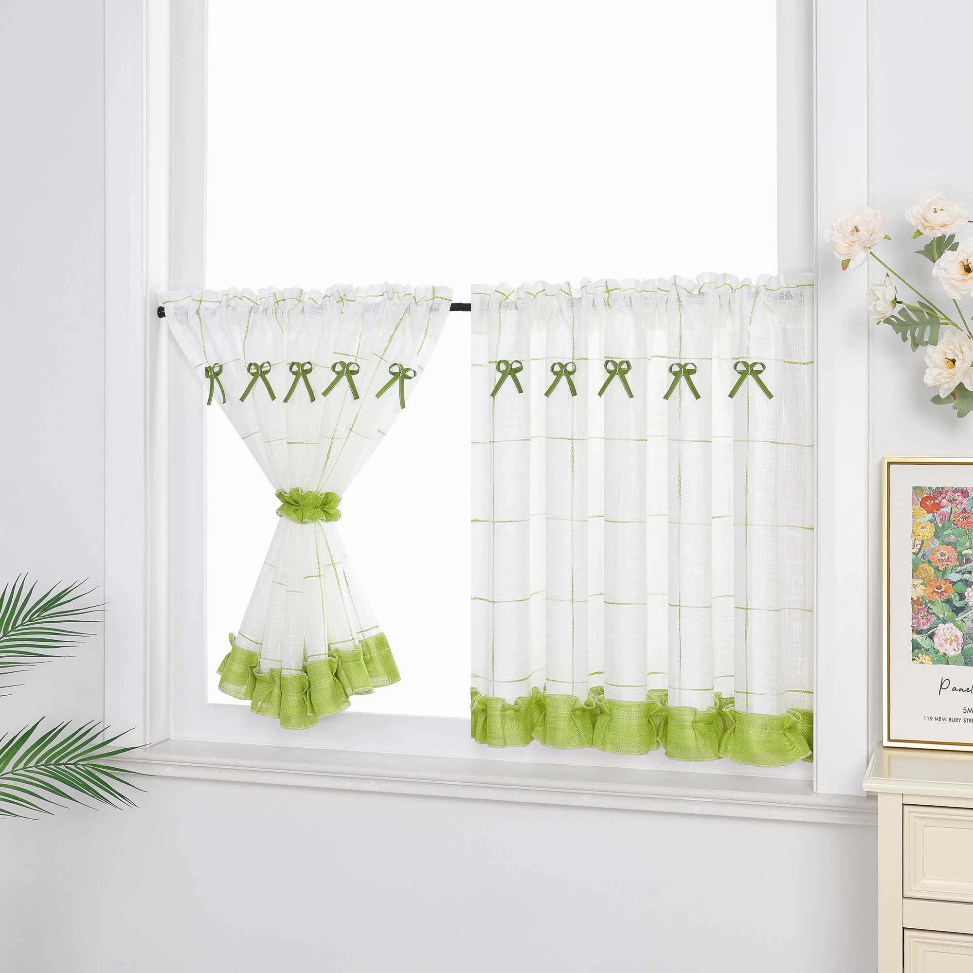 Halbtransparente Scheibengardine Landhausstil aus Leinen mit Schleifen 1 stück