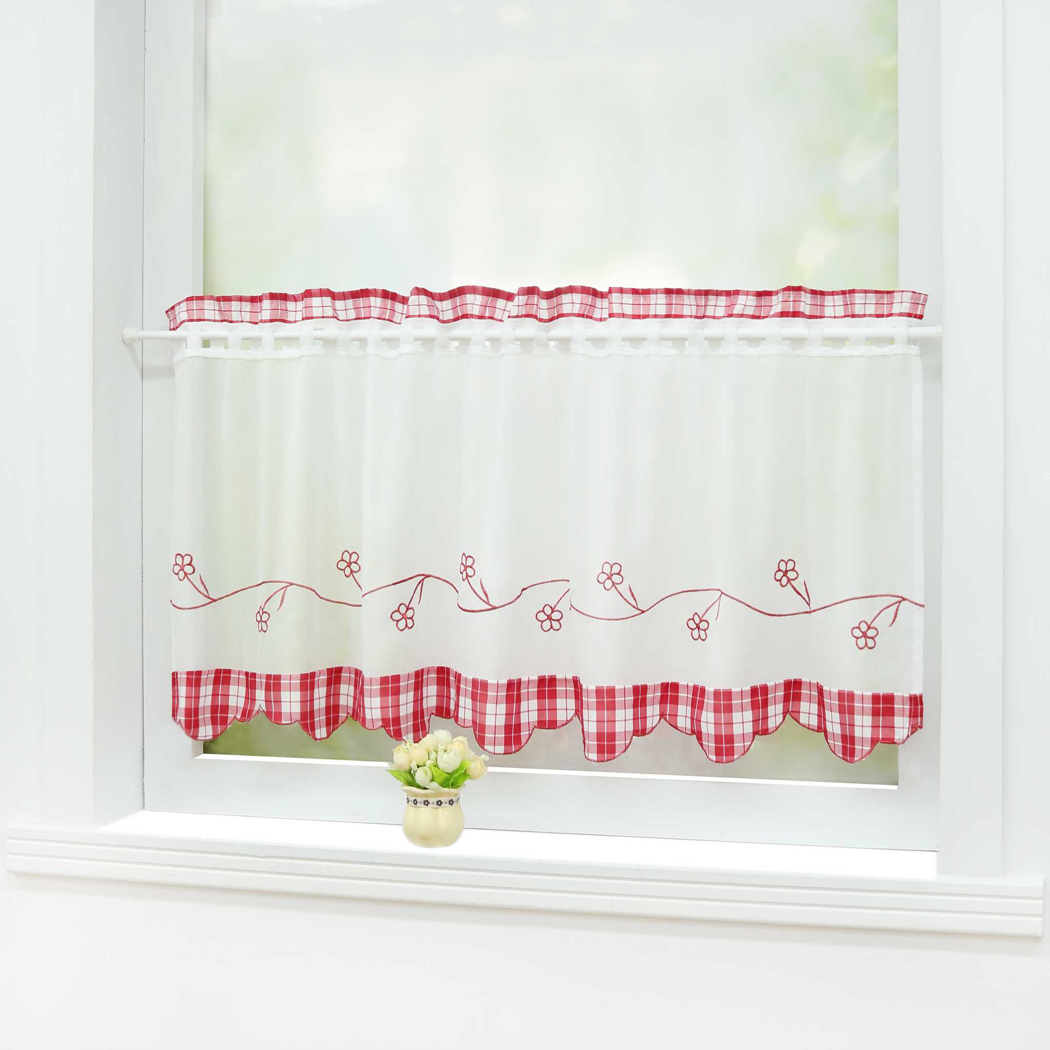 Scheibengardine Bistrogardinen mit Vintage-Karomuster Landhausstil Kurz Küche Gardinen durch Stangendurchzug Stores Weiß 1 Stück