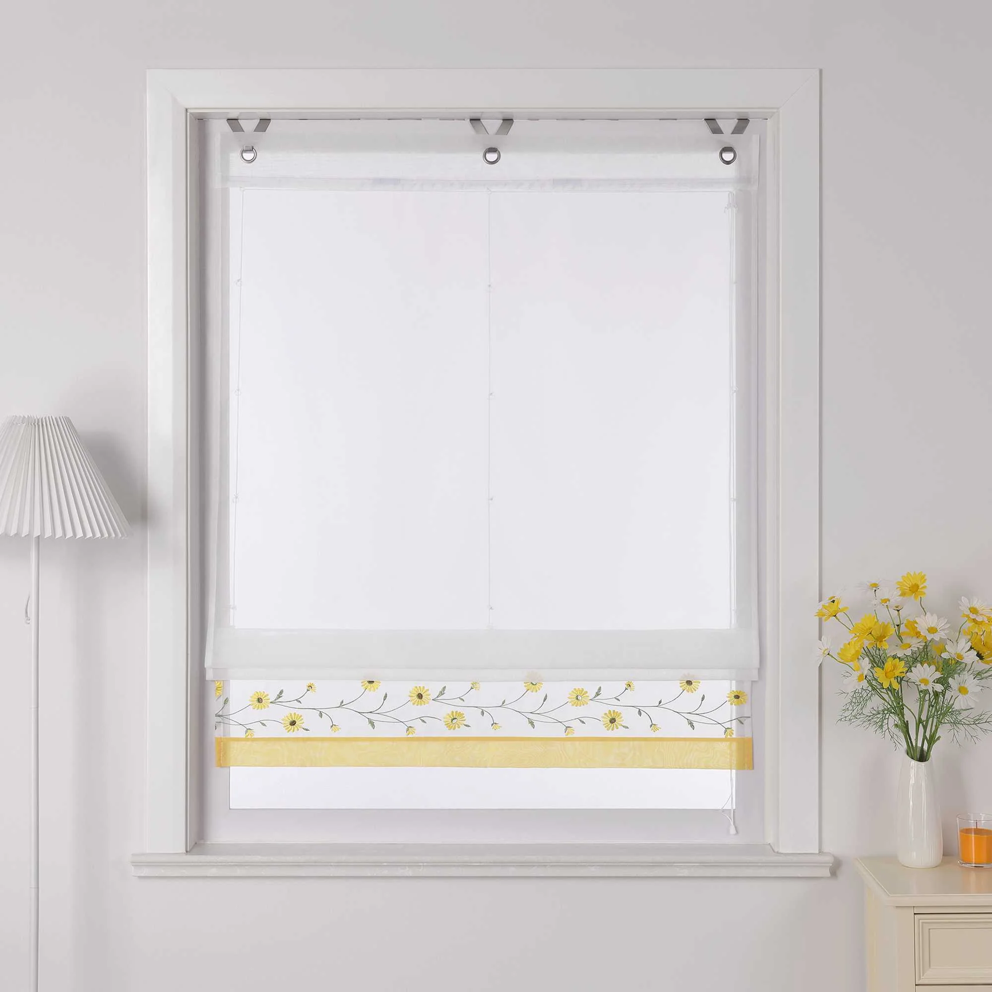 Raffrollo Voile Raffgardinen mit Schlaufen Küche Fenster Vorhänge mit Blumenmuster Stickerei Transparent Weiß 1 Stück