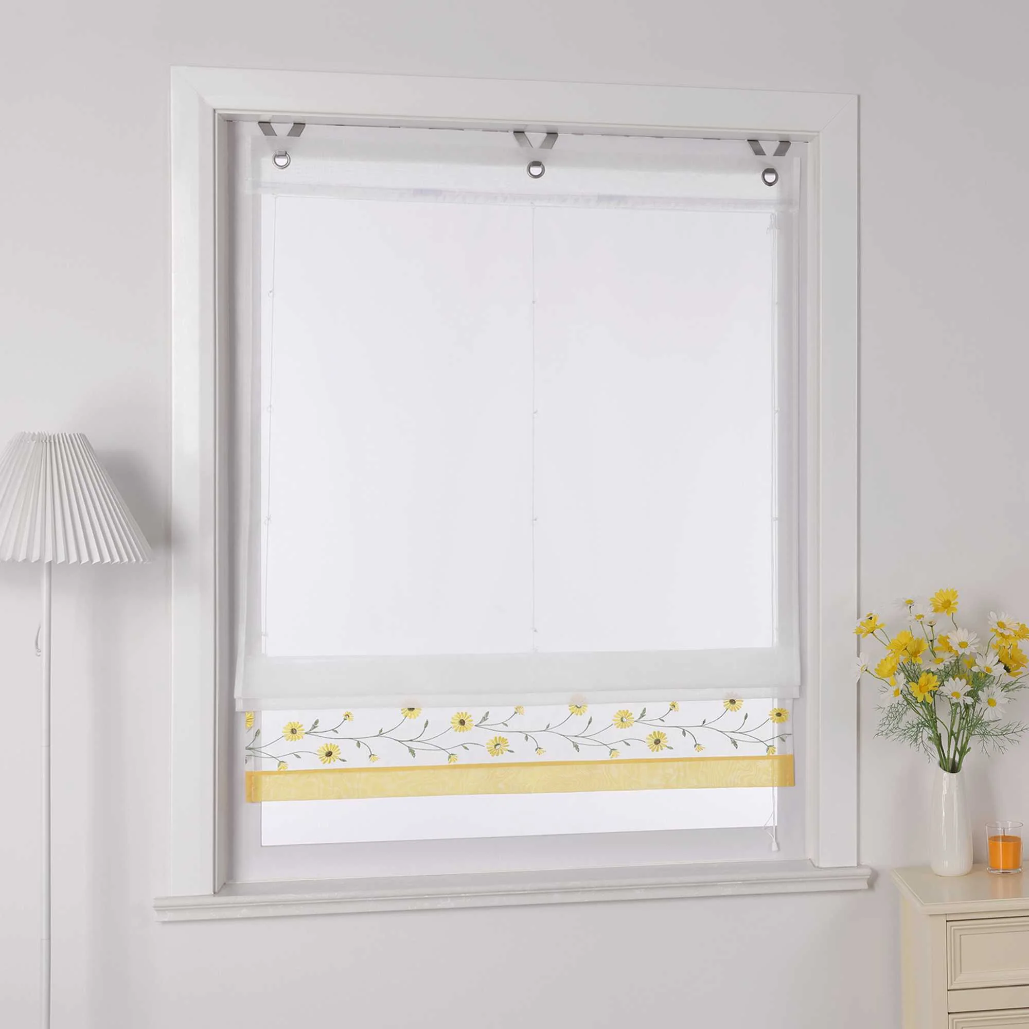 Raffrollo Voile Raffgardinen mit Schlaufen Küche Fenster Vorhänge mit Blumenmuster Stickerei Transparent Weiß 1 Stück