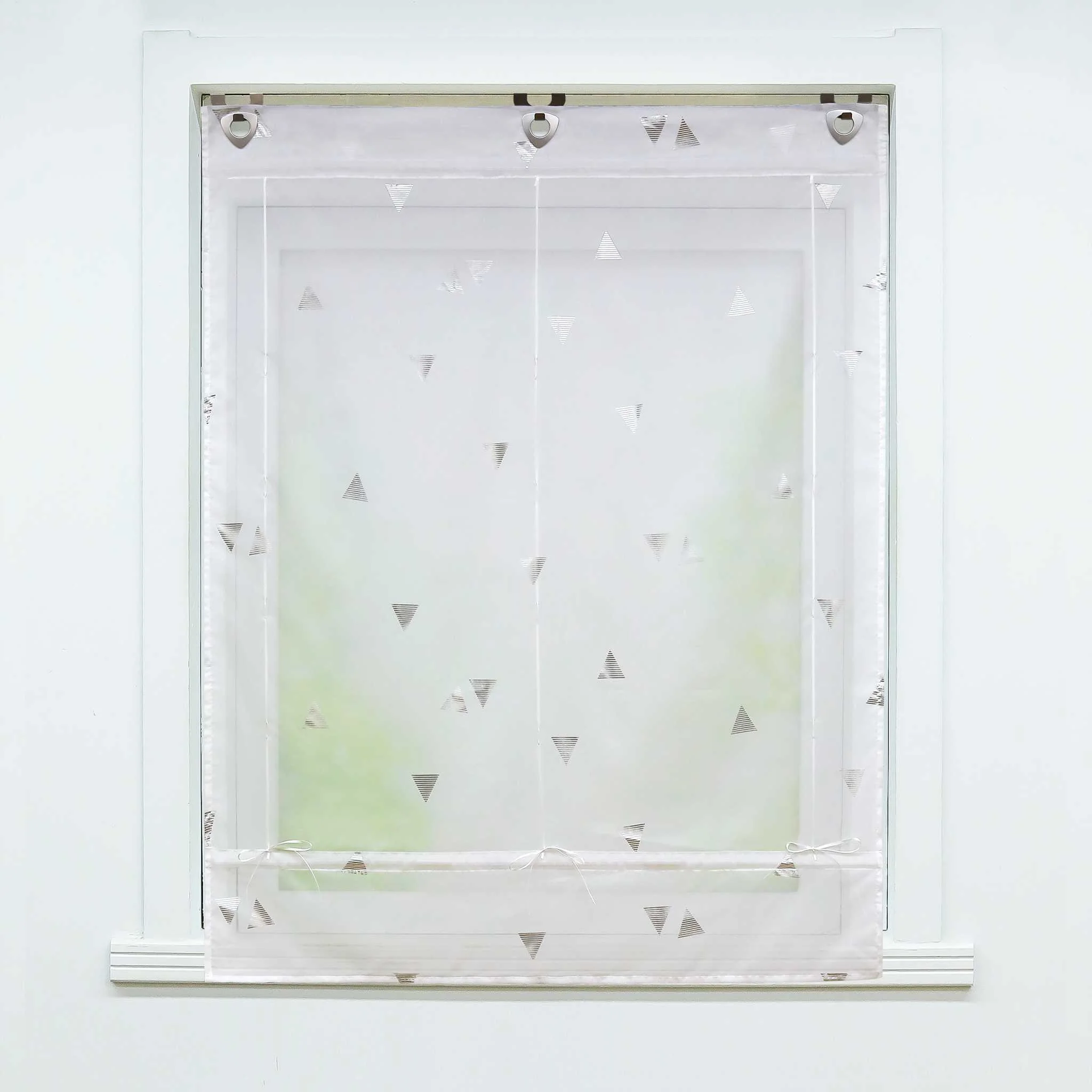 Raffrollo ohne Bohren mit Hakenaufhängung Voile Ösenrollo mit Glanzdruck Fenster Küche Gardinen Transparent Weiß 1 Stück