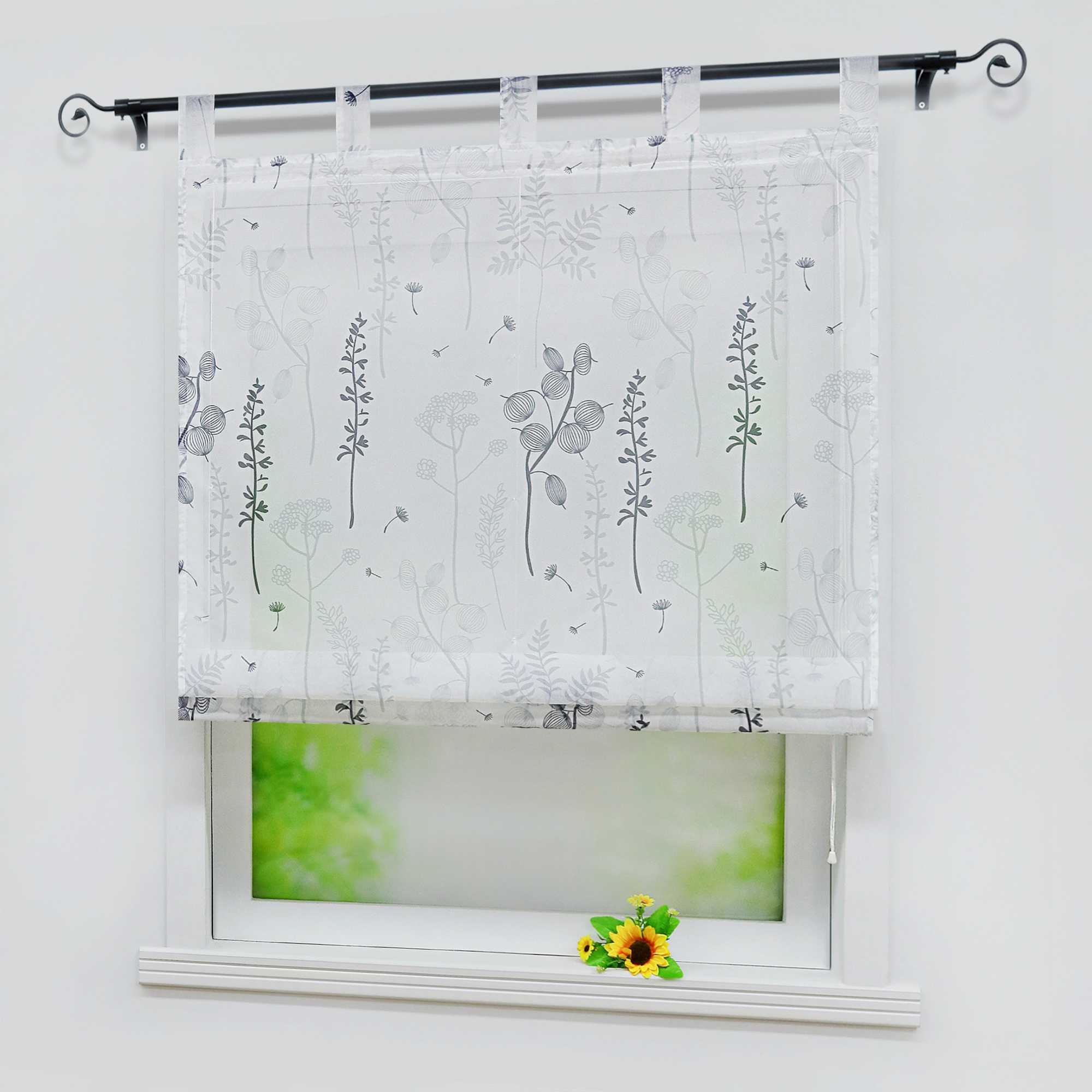 Raffrollo mit Schlaufen Voile Raffgardine Modern Küche Gardinen mit Laternenblume Muster Wohnzimmer Halbtransparent