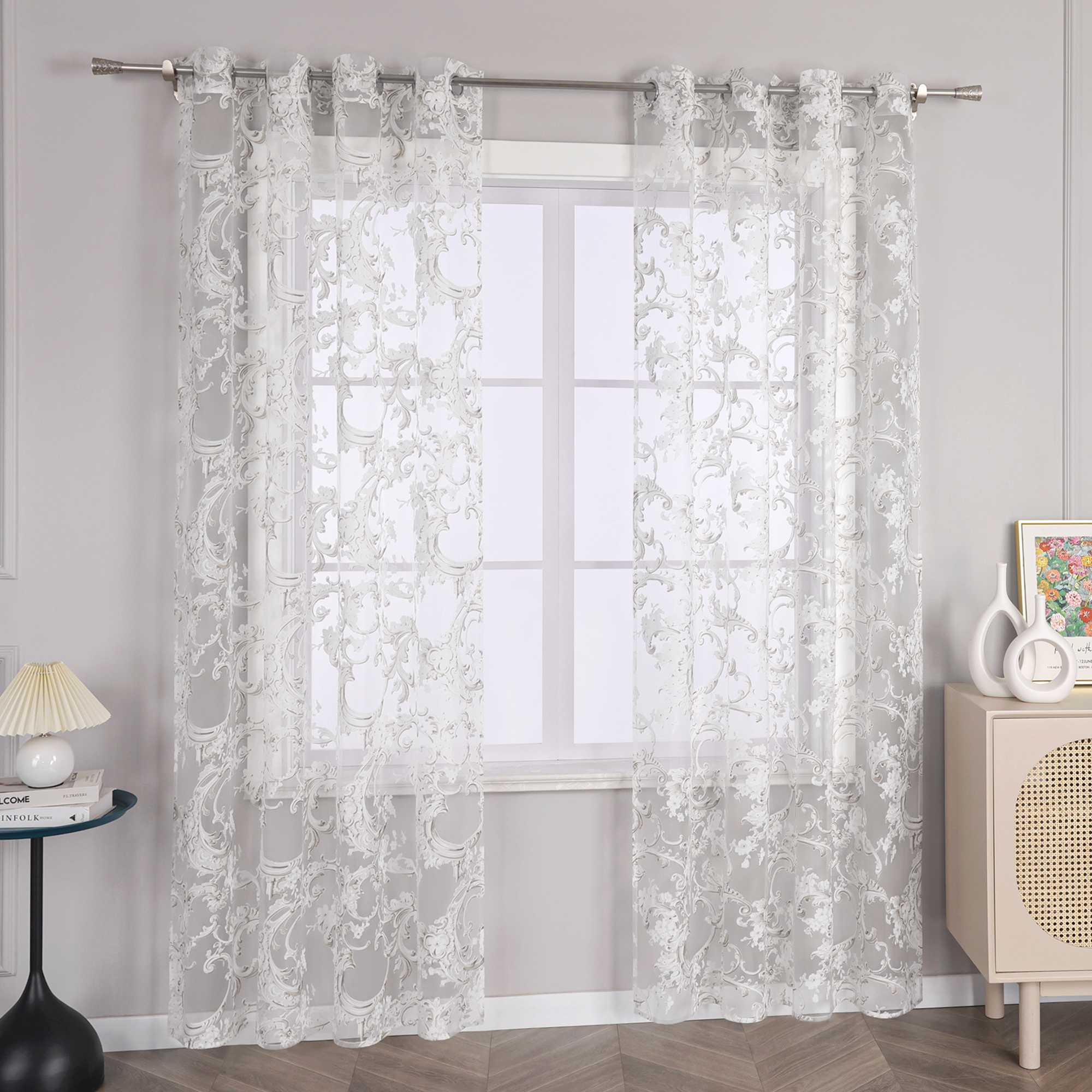 Eleganter Ösenschal mit Phönixblütenmuster | Transparente Voile Gardine für Schlafzimmer und Wohnzimmer