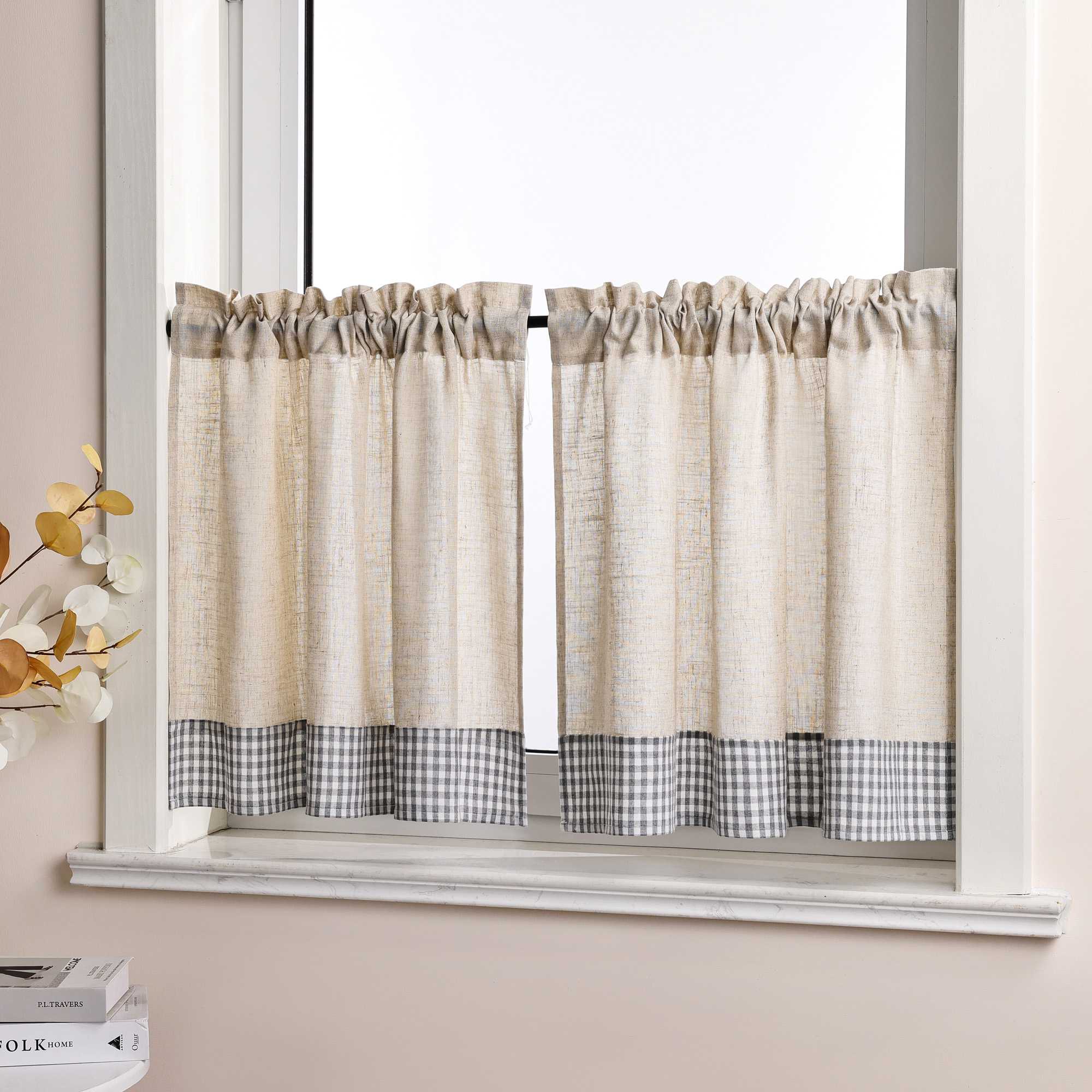 Scheibengardine Kräuselbandgardine unten mit blauem Karomuster aus Leinenimitat halbtransparent 2er Set