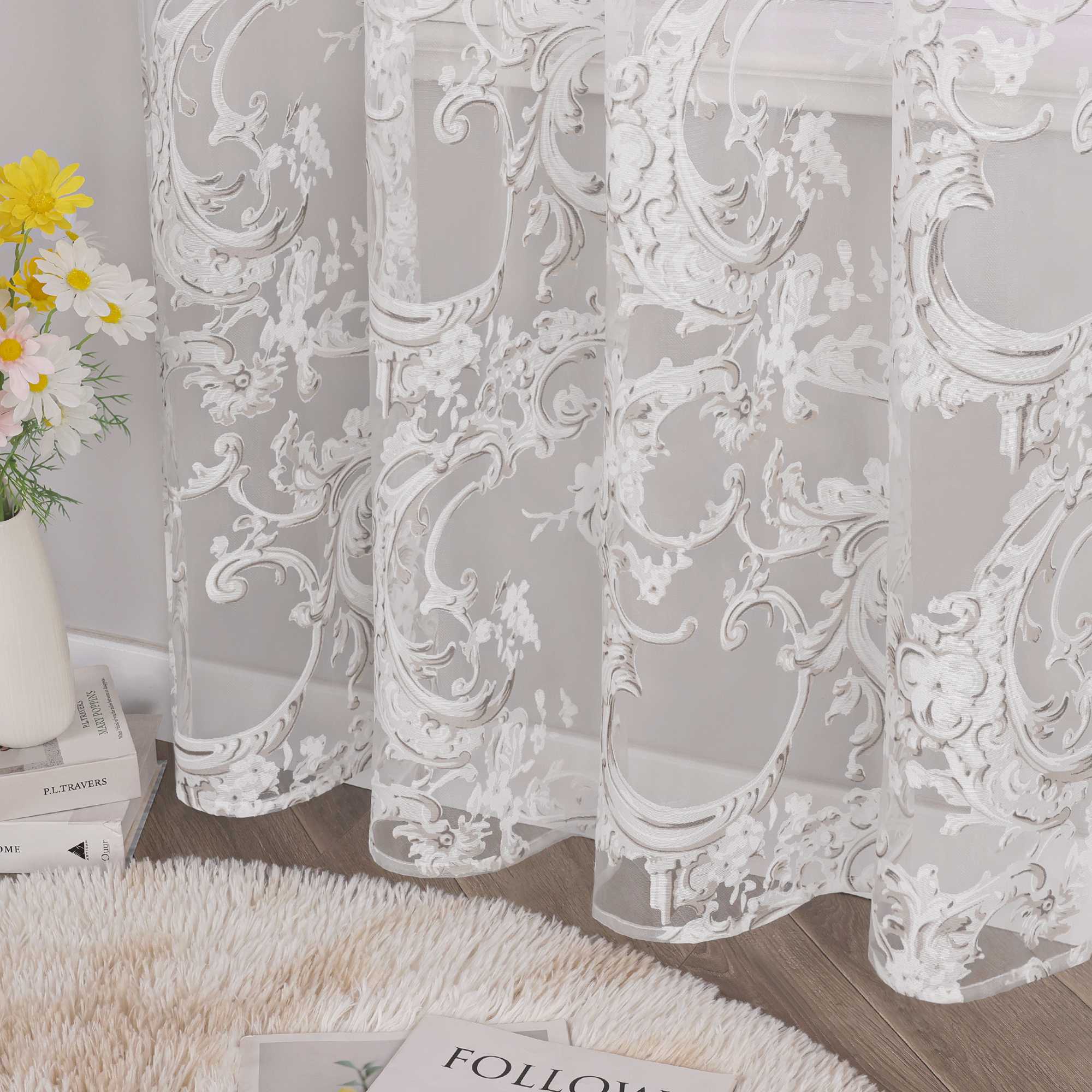 Eleganter Ösenschal mit Phönixblütenmuster | Transparente Voile Gardine für Schlafzimmer und Wohnzimmer