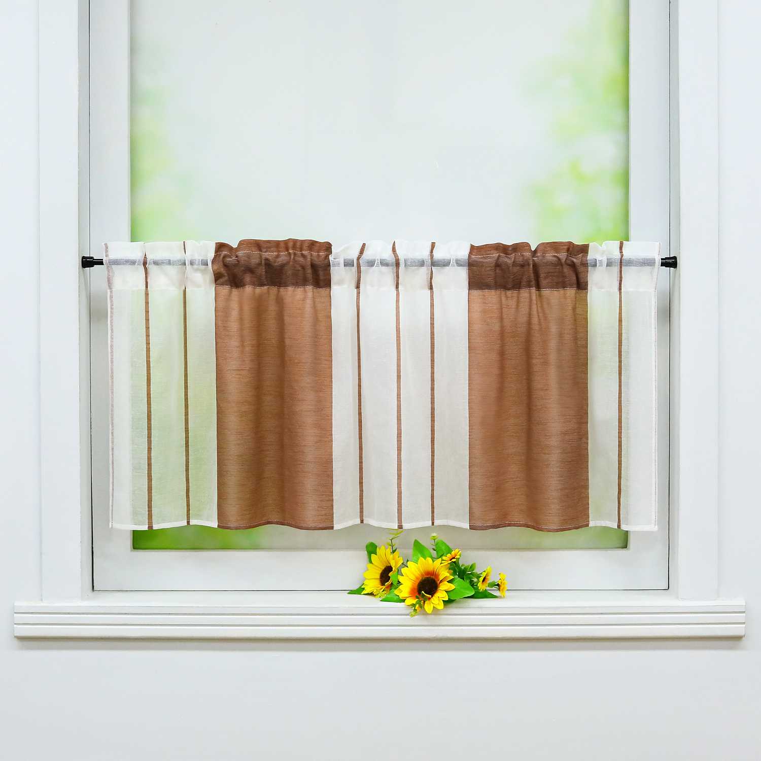 Scheibengardine durch Stangendurchzug zusammenziehbar weiße Streifenmuster halbtransparent 1 Stück