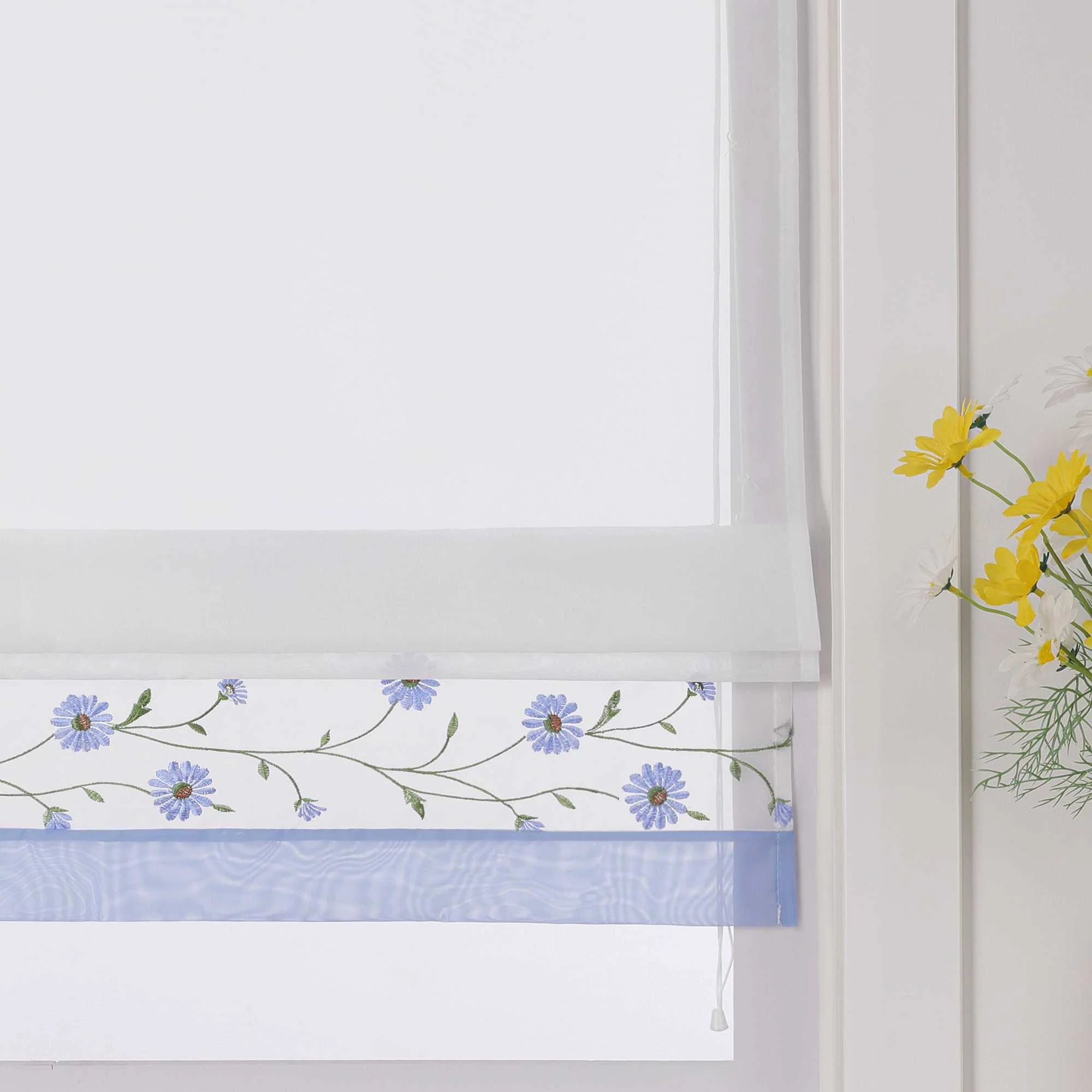Raffrollo Voile Raffgardinen mit Schlaufen Küche Fenster Vorhänge mit Blumenmuster Stickerei Transparent Weiß 1 Stück