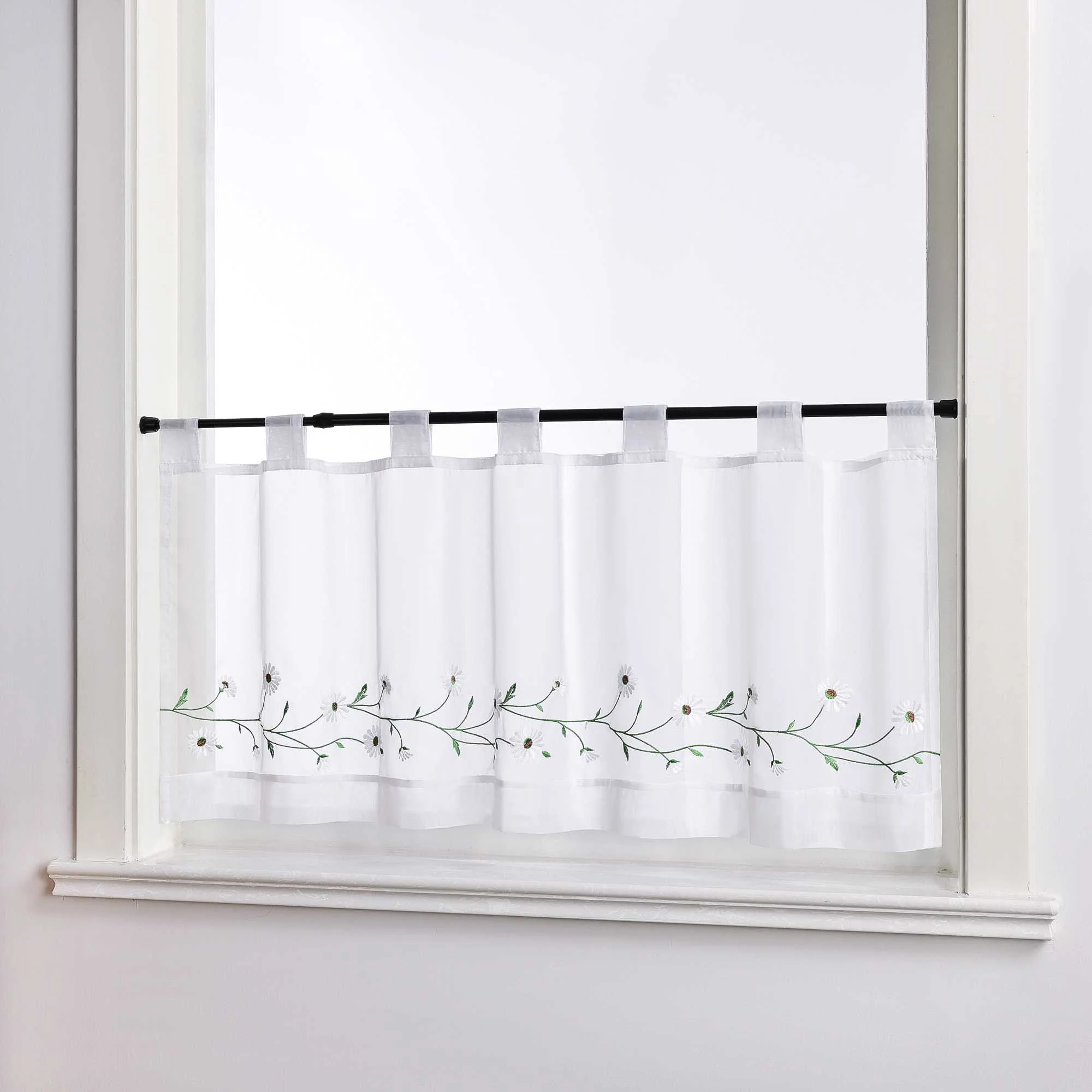 Scheibengardinen Bistrogardine Schlaufen Küche Gardinen Landhausstil Transparent Kurzstores mit kleiner Gänseblümchen-Stickerei