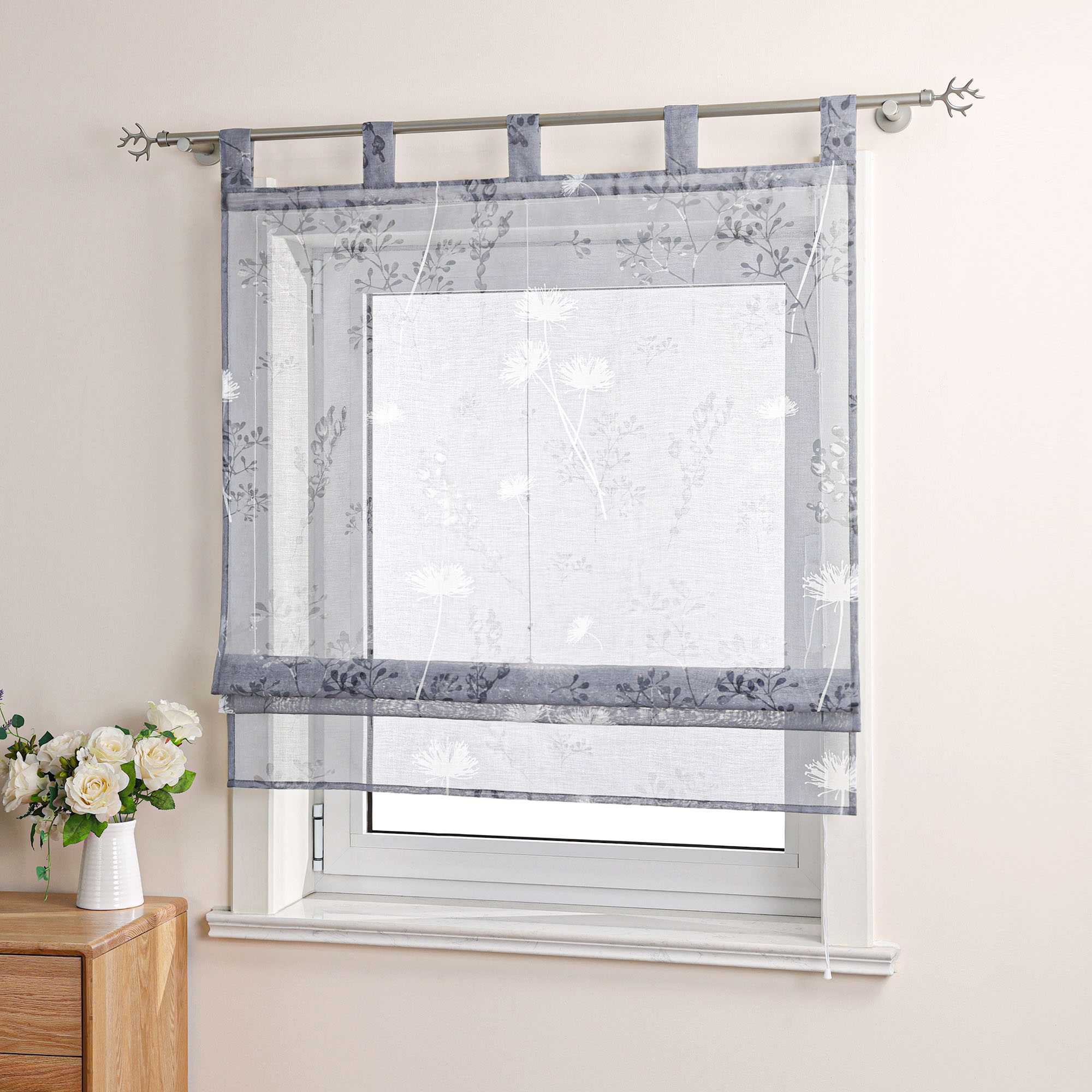 Raffrollo mit Schlaufen Voile Gardinen Landhaus Küche Raffgardinen Schlaufenrollo Transparent