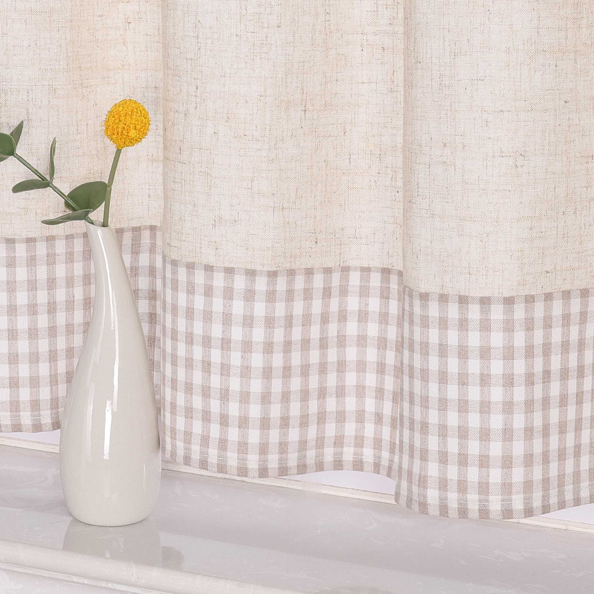 Scheibengardine mit Schlaufen karierte Bistrogardinen Leinen Küche Vorhang Halbtransparent