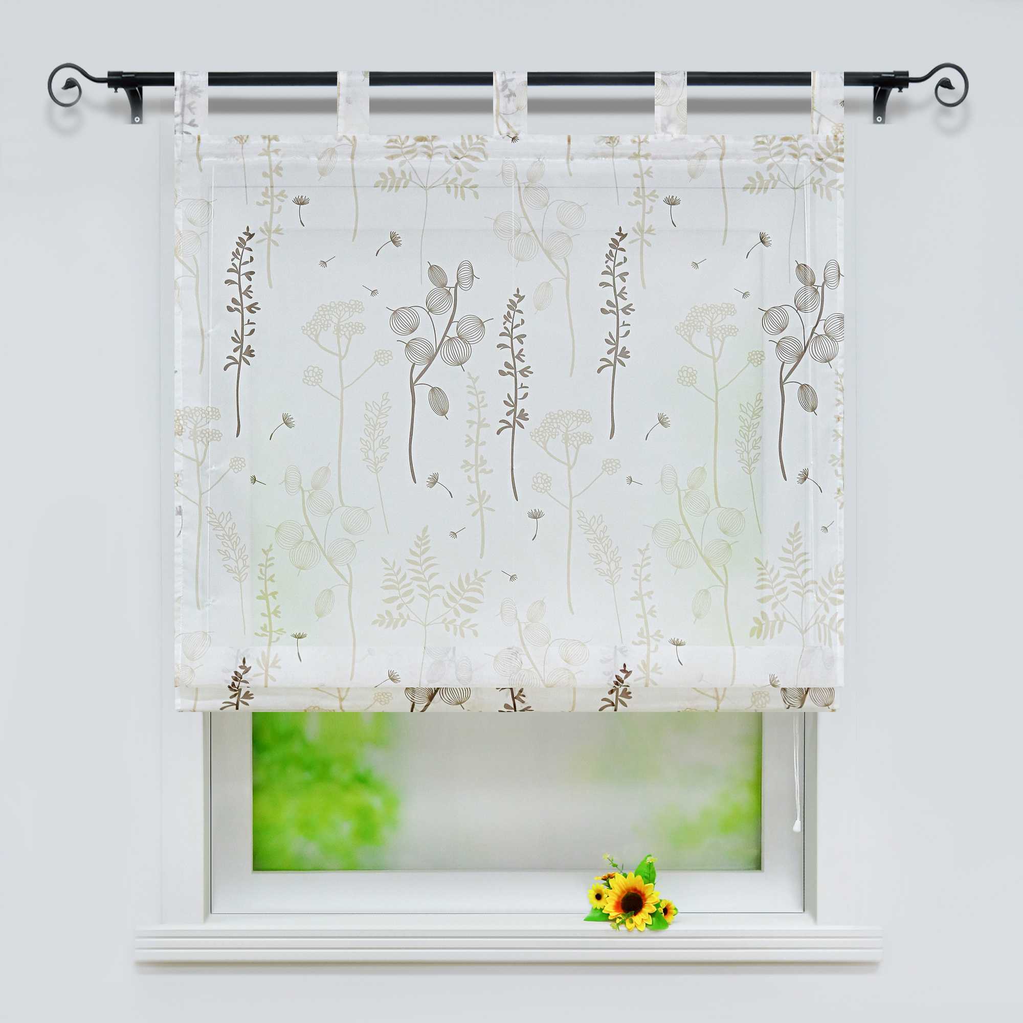 Raffrollo mit Schlaufen Voile Raffgardine Modern Küche Gardinen mit Laternenblume Muster Wohnzimmer Halbtransparent