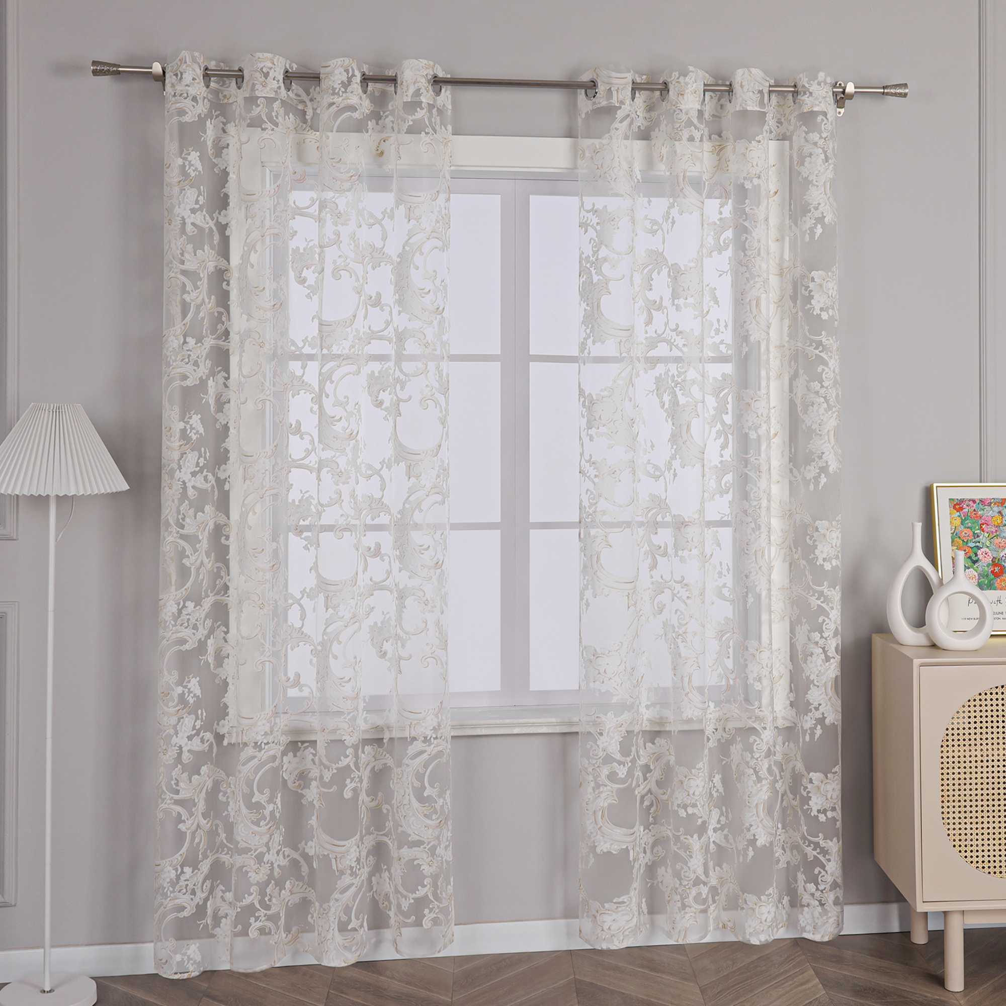 Eleganter Ösenschal mit Phönixblütenmuster | Transparente Voile Gardine für Schlafzimmer und Wohnzimmer