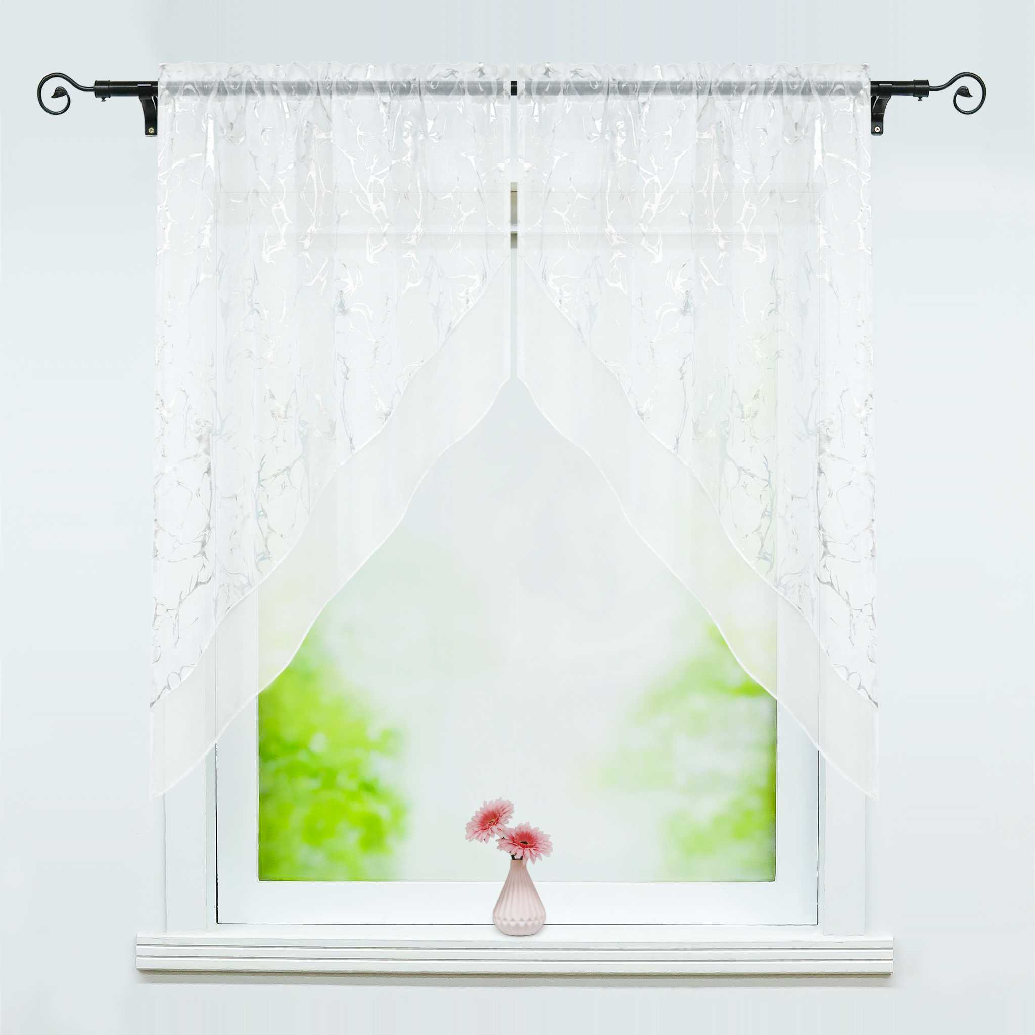 Scheibengardine durch Stangendurchzug doppelschichtige Küchengardinen mit silbernem Marmormuster 2er Set