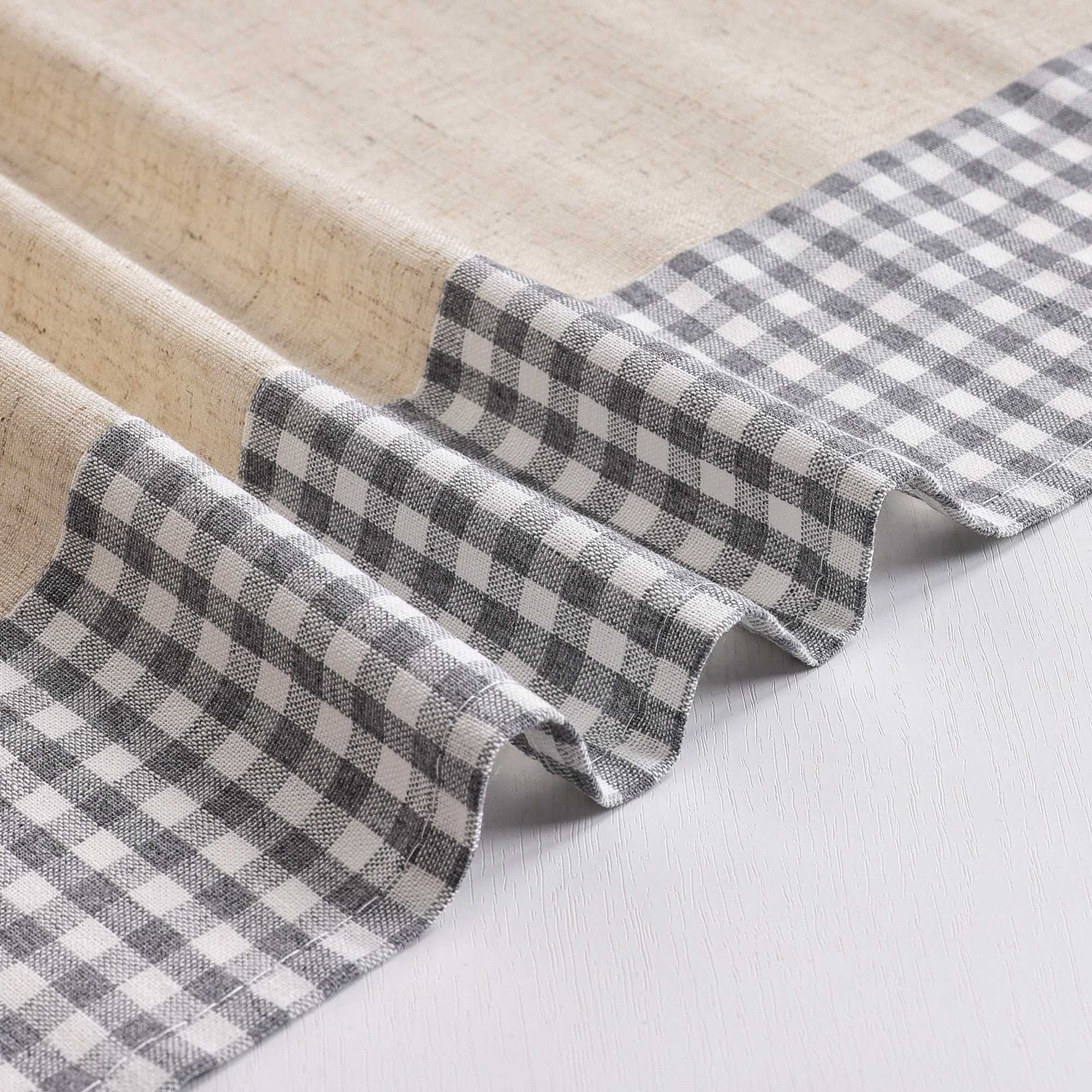 Scheibengardine Kräuselbandgardine unten mit blauem Karomuster aus Leinenimitat halbtransparent 2er Set