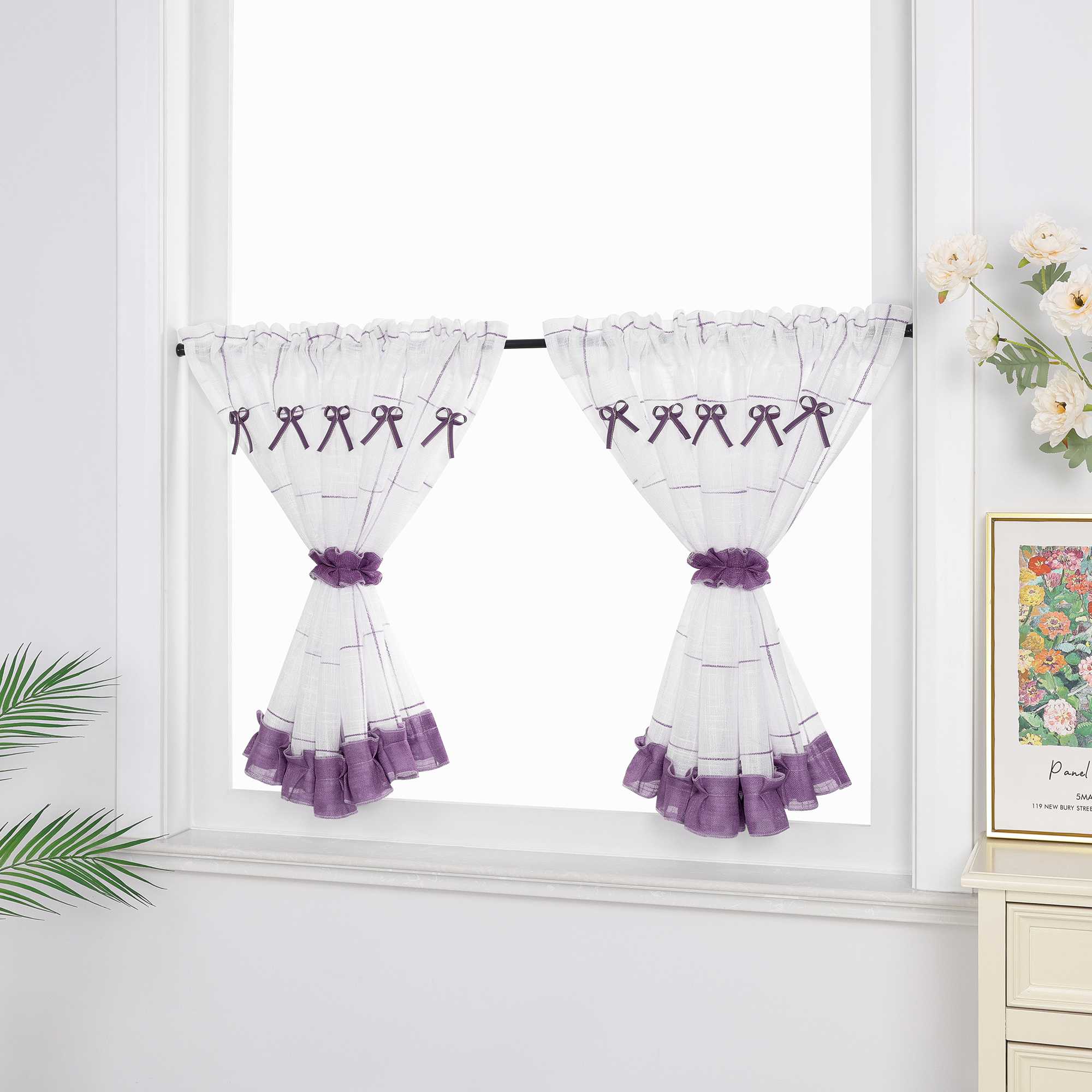 Halbtransparente Scheibengardine Landhausstil aus Leinen mit Schleifen 1 stück