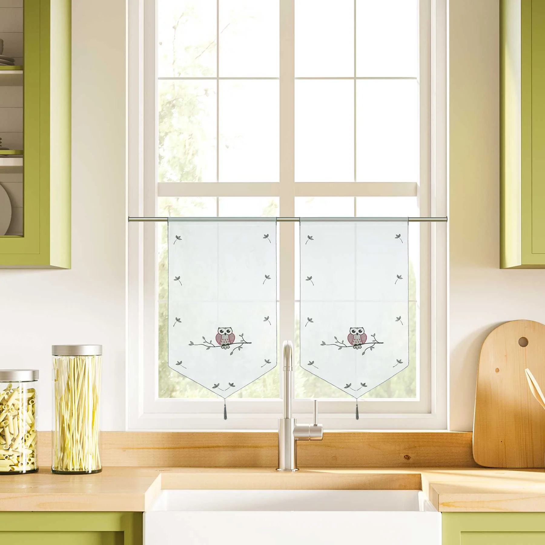 Elegante Bistro Gardinen mit Eulen für kleine Fenster 1 Stück