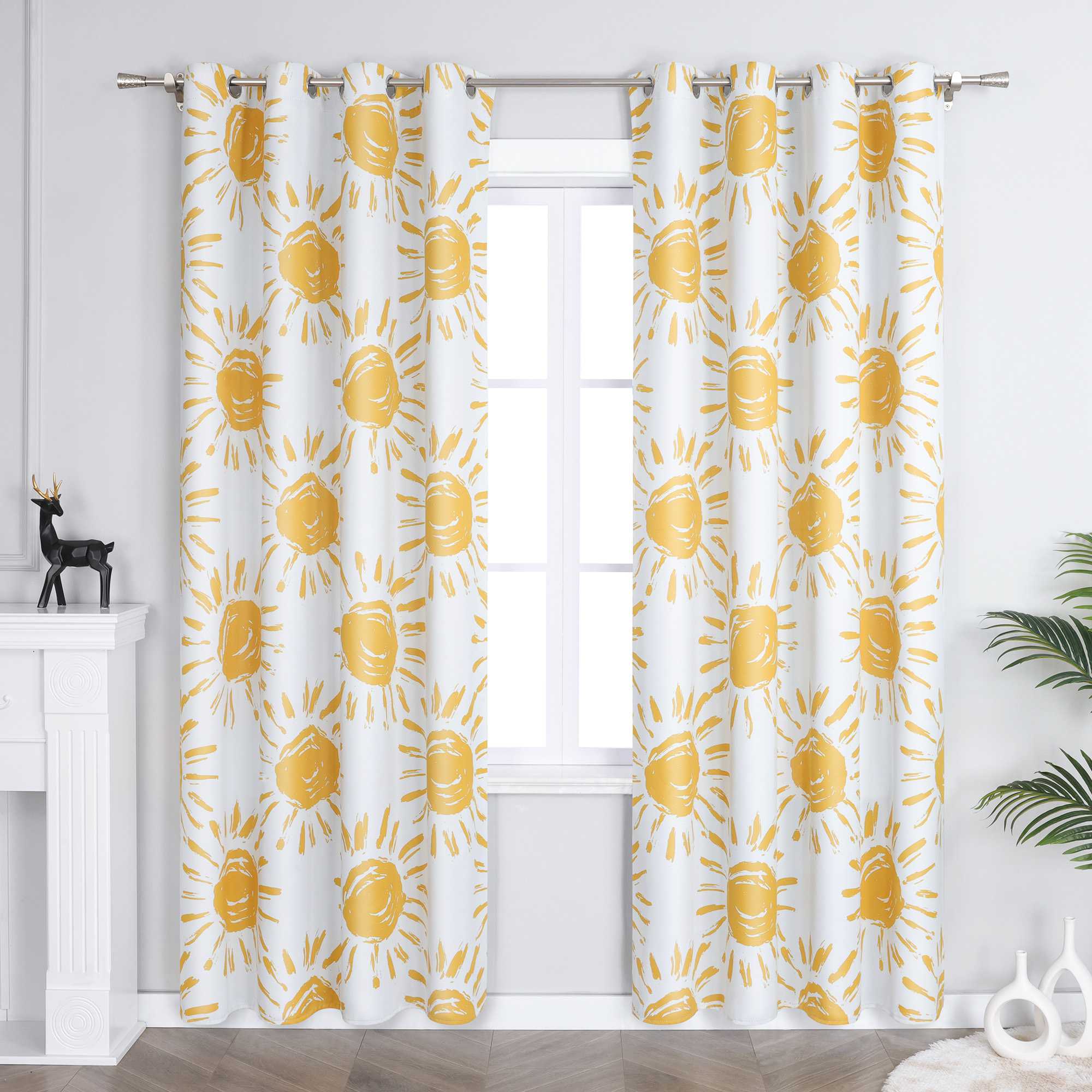 Verdunkelungsvorhänge Ösenschal Blickdichte Gardinen Thermovorhang Vorhang mit Sonnenmotiven für Schlafzimmer Wohnzimmer Gelb 1 Stück