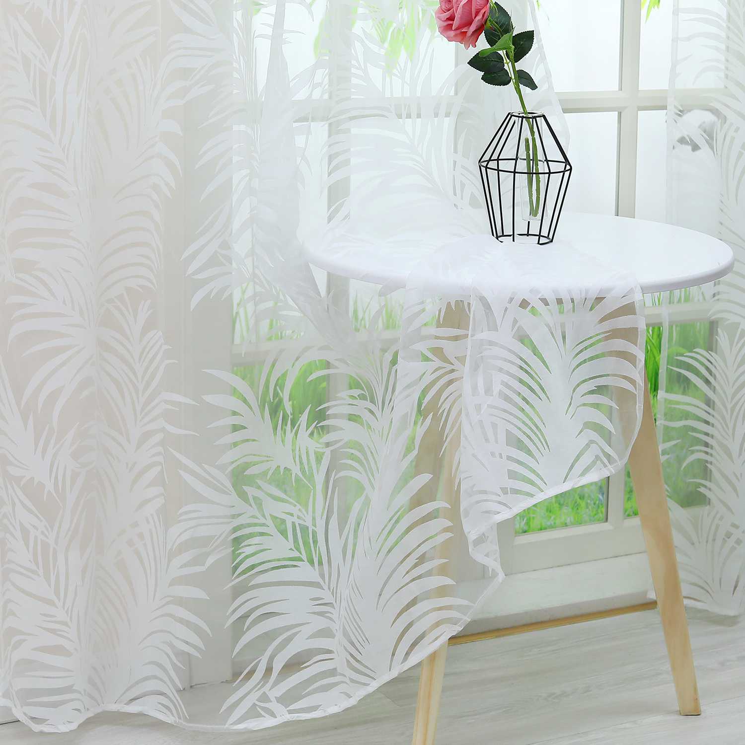 Voile Gardine in Ausbrenner mit Blätter Muster transparenter Vorhang Unifarbiges Schals Wohnzimmer Fensterschal 1 Stück