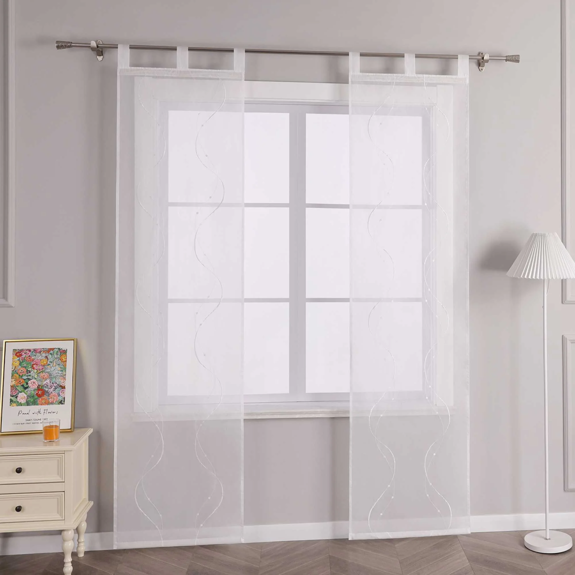 Schiebegardinen mit Schlaufen 2er Flächenvorhänge Schiebevorhang mit Wellenperlenmuster Stickerei Transparent