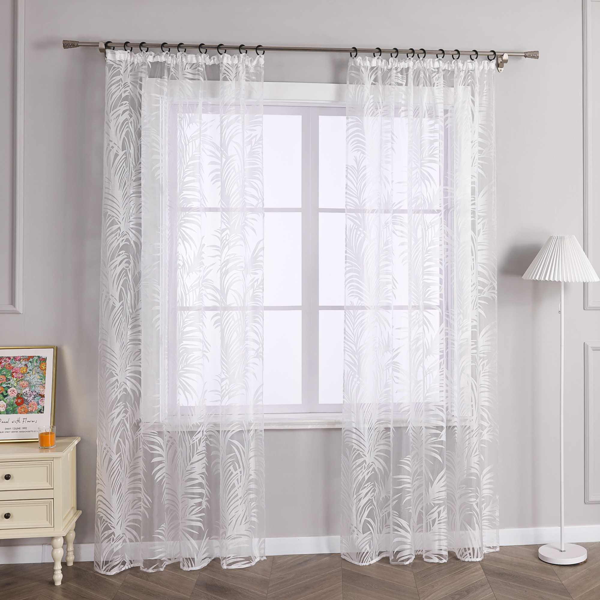Voile Gardine in Ausbrenner mit Blätter Muster transparenter Vorhang Unifarbiges Schals Wohnzimmer Fensterschal 1 Stück
