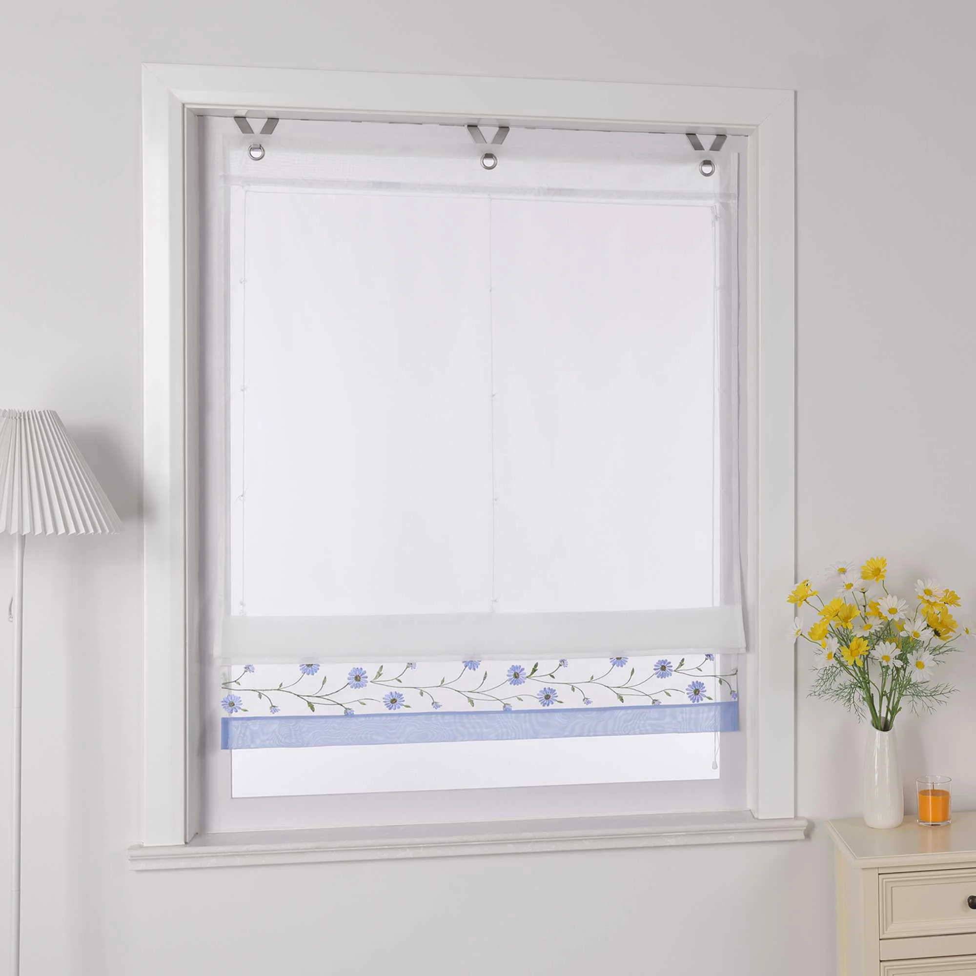 Raffrollo Voile Raffgardinen mit Schlaufen Küche Fenster Vorhänge mit Blumenmuster Stickerei Transparent Weiß 1 Stück