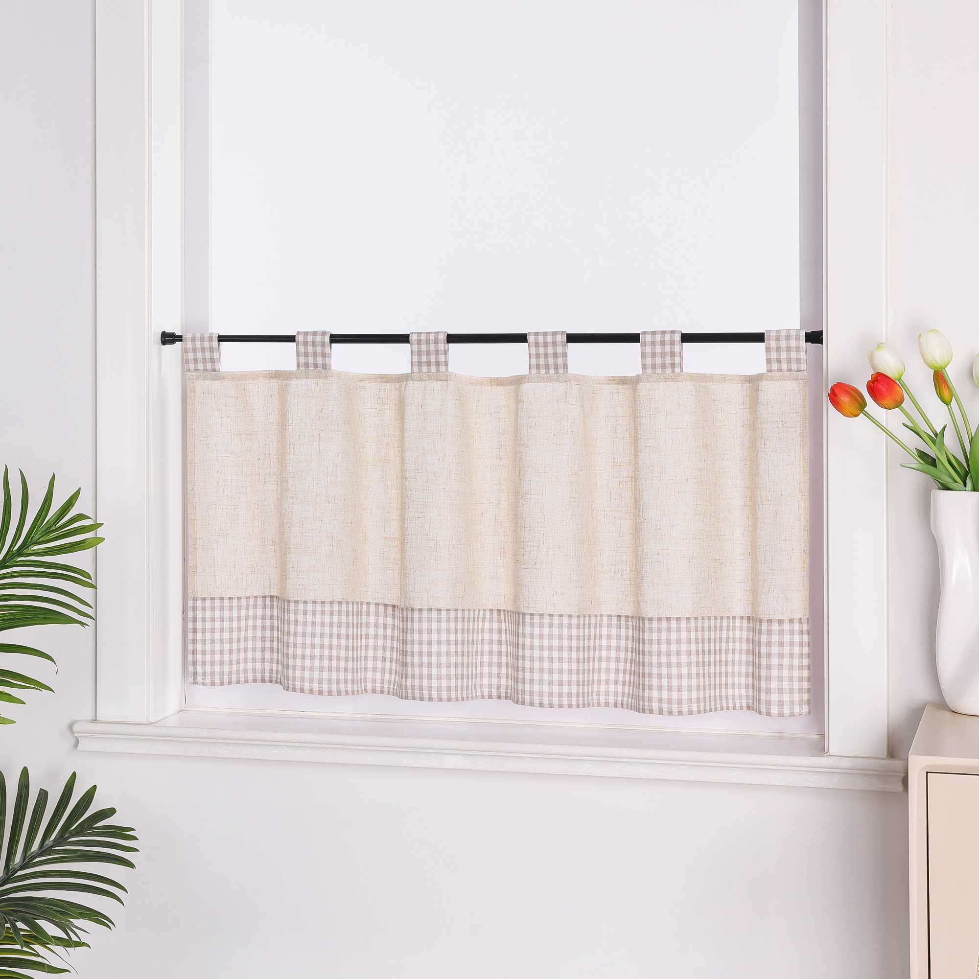 Scheibengardine mit Schlaufen karierte Bistrogardinen Leinen Küche Vorhang Halbtransparent
