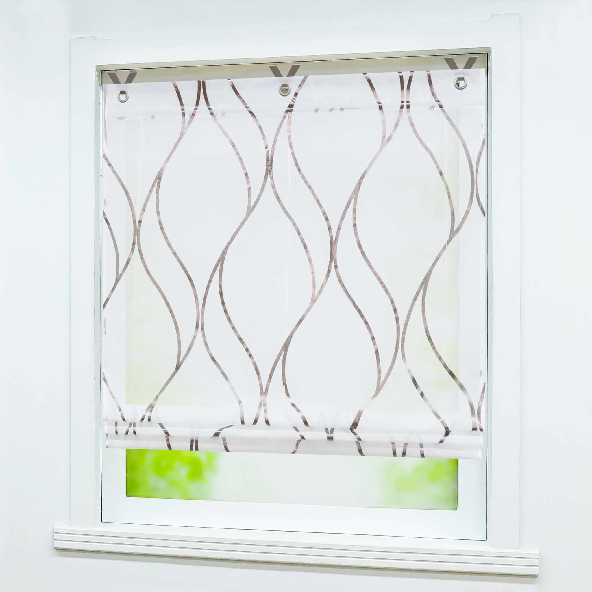 Rollos mit Ösen Gardinen Küche Raffgardinen Transparent Ösenrollo Vorhänge Mit Wellen-Druck Modern Voile 1 Stück