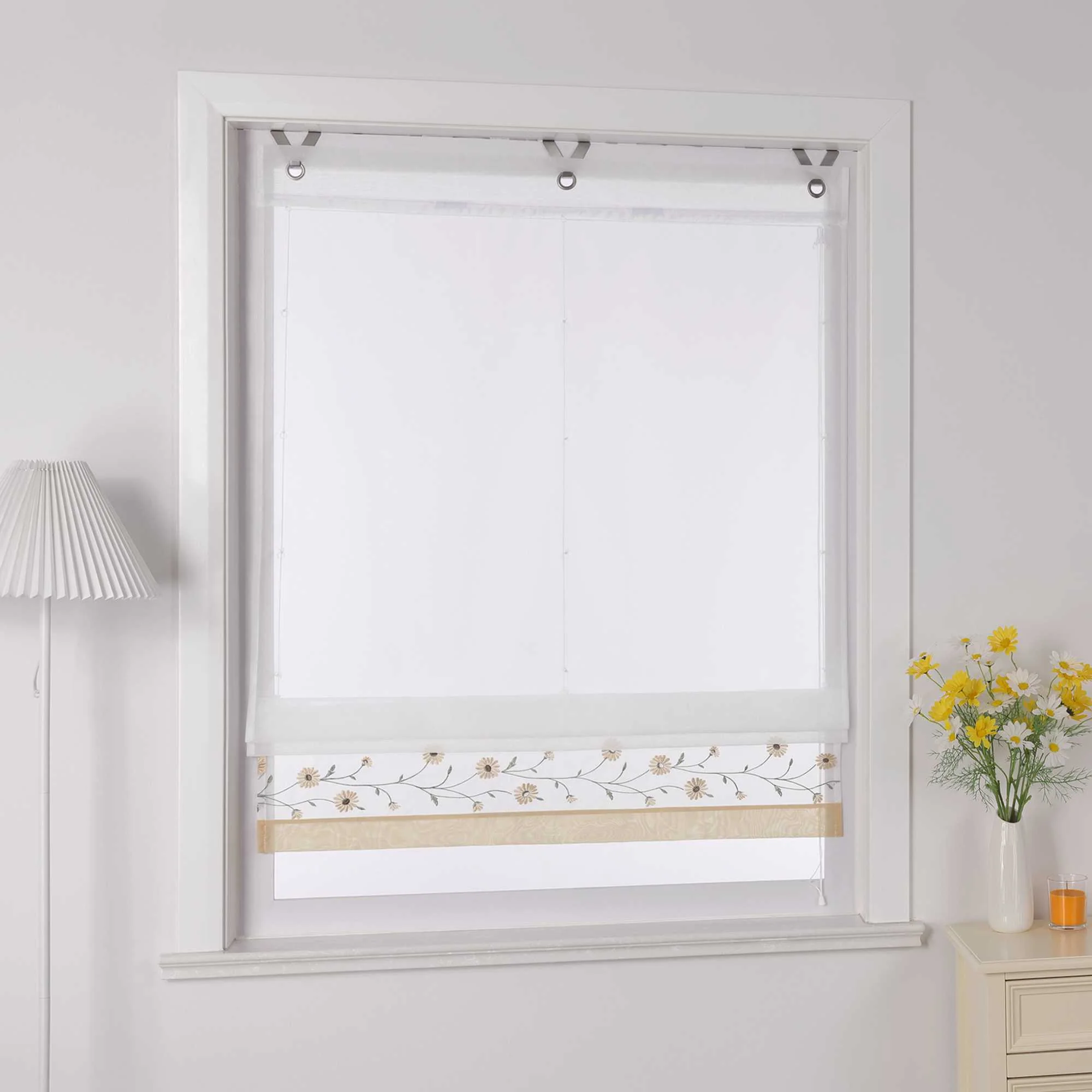 Raffrollo Voile Raffgardinen mit Schlaufen Küche Fenster Vorhänge mit Blumenmuster Stickerei Transparent Weiß 1 Stück