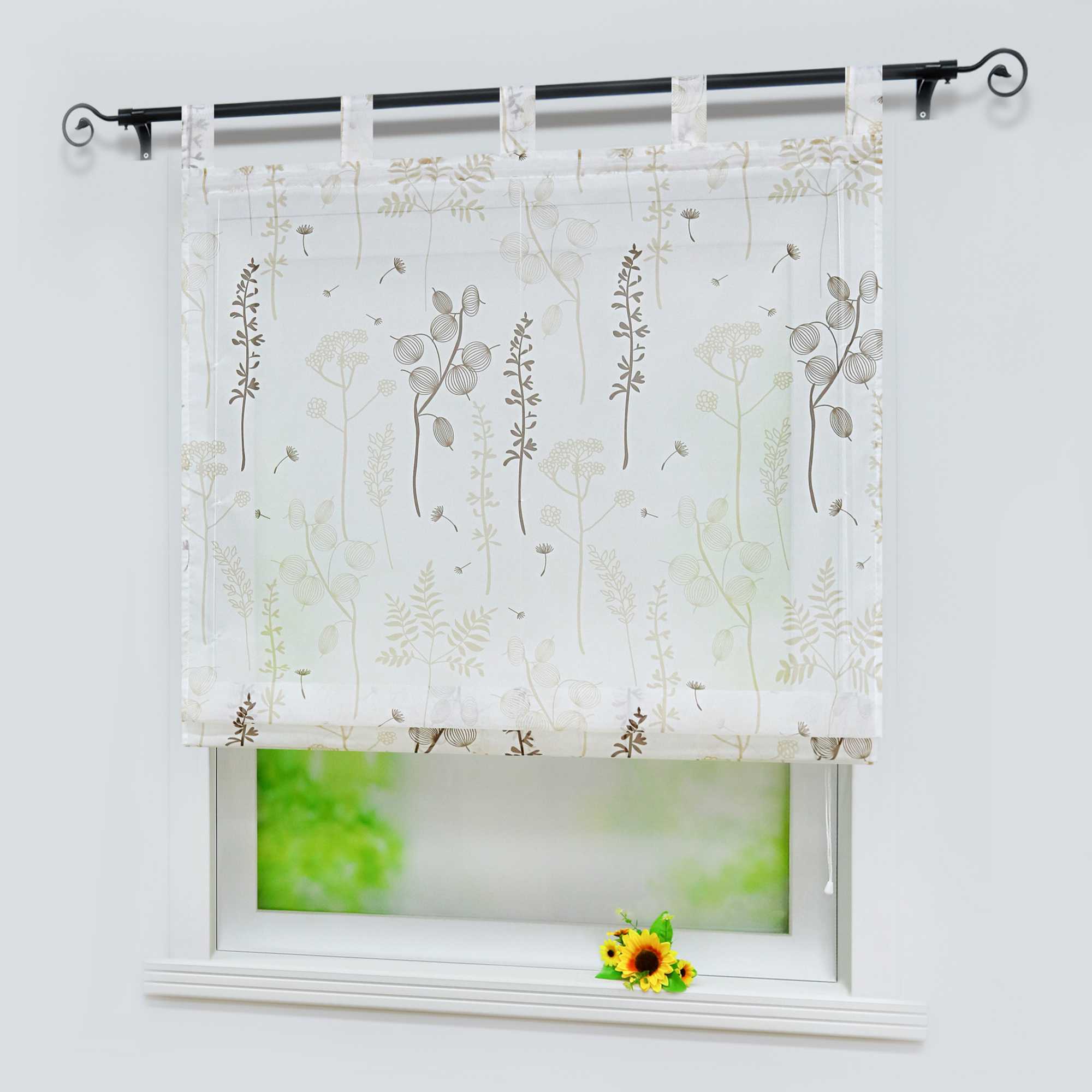 Raffrollo mit Schlaufen Voile Raffgardine Modern Küche Gardinen mit Laternenblume Muster Wohnzimmer Halbtransparent