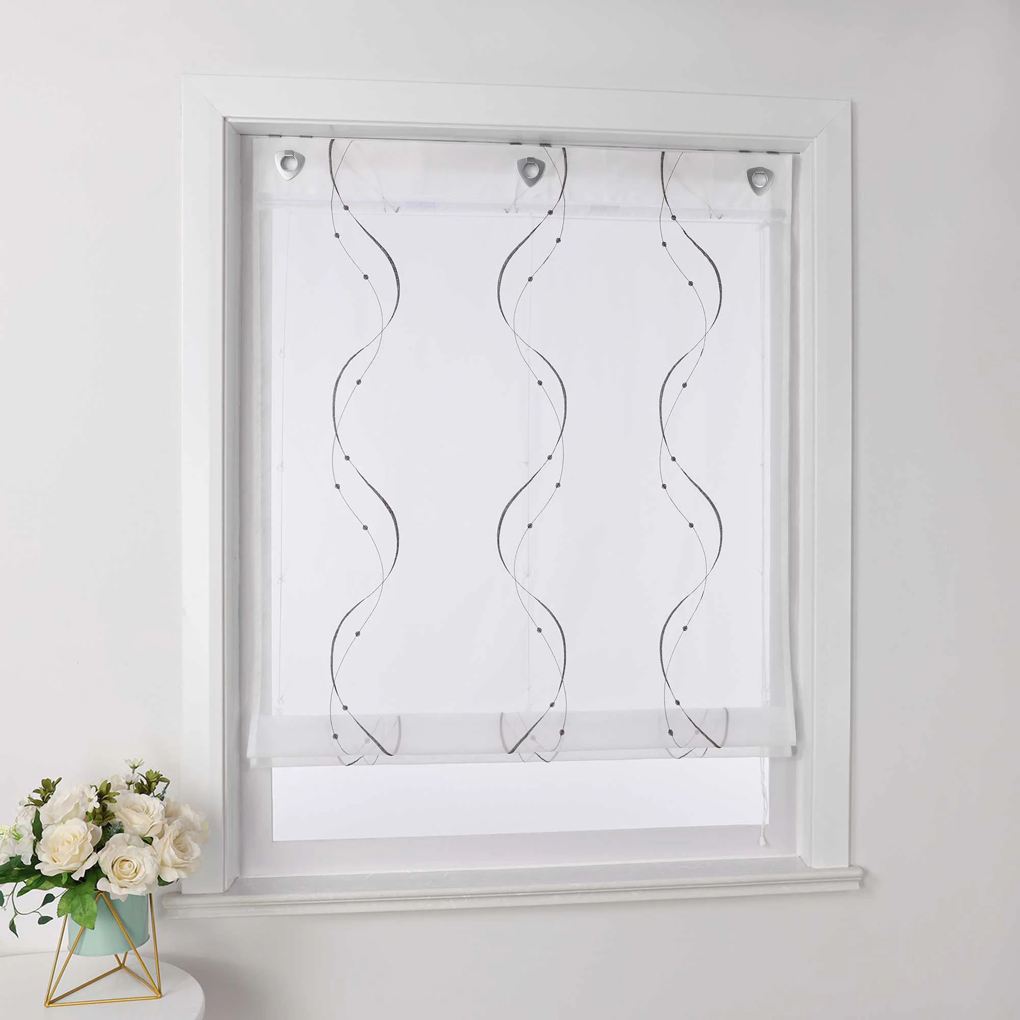 Rollos ohne Bohren Weiß Raffgardine mit Ösen Transparent Gardinen mit U-Haken Ösenrollo Modern Bestickt 1 Stück