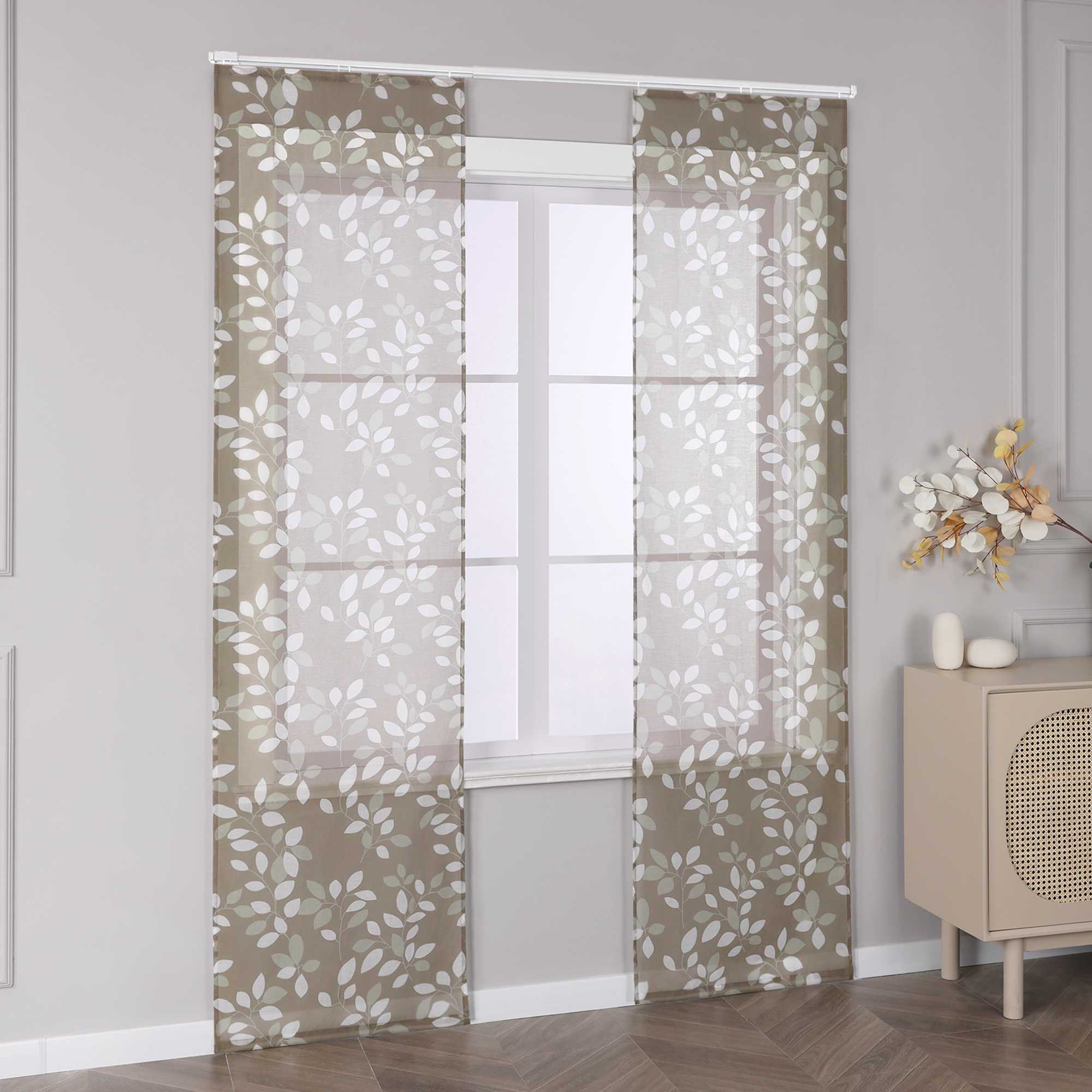 Halbtransparente Schiebegardinen Klettbandschal mit braunem Blättermuster Lichtdurchlässig 2er Set