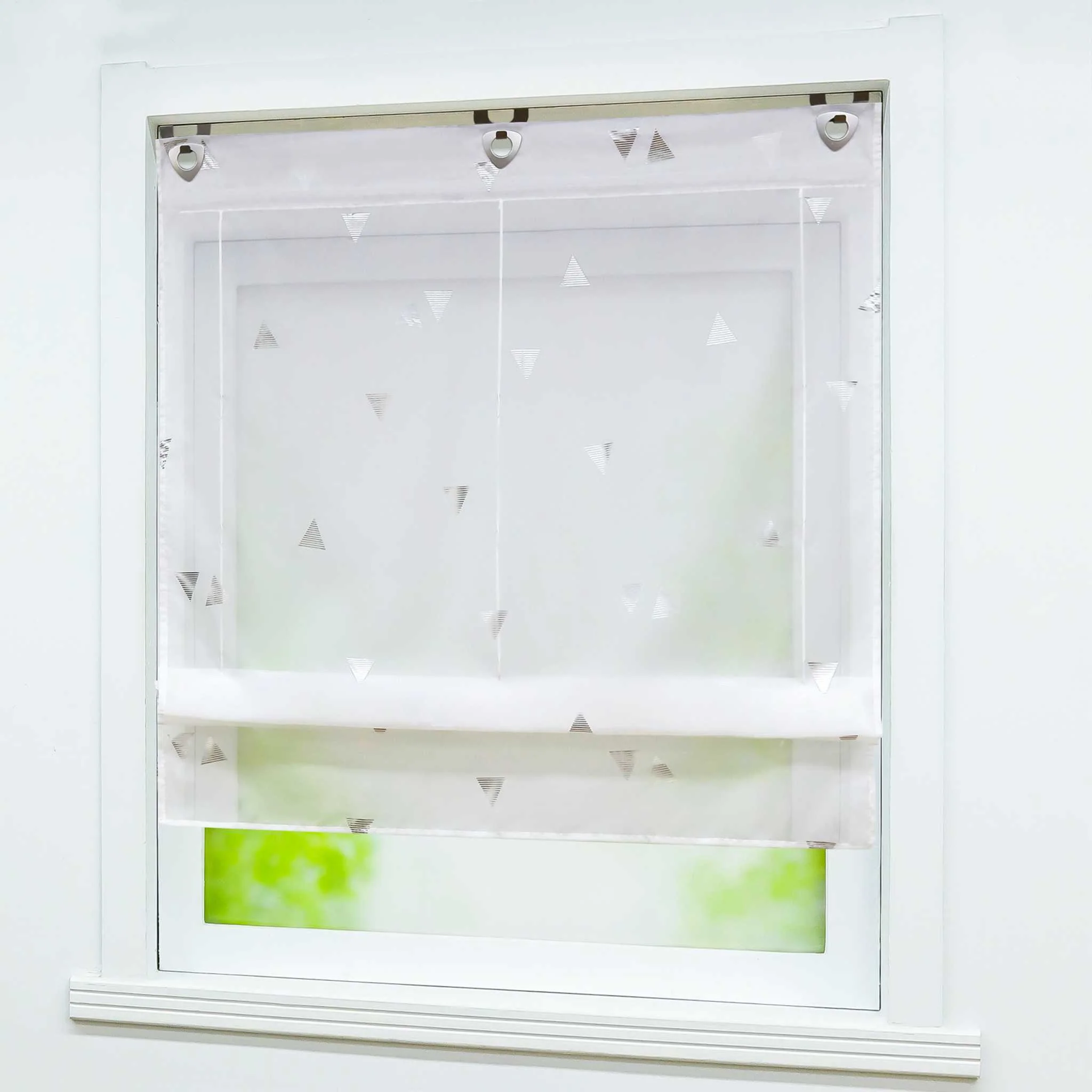 Raffrollo ohne Bohren mit Hakenaufhängung Voile Ösenrollo mit Glanzdruck Fenster Küche Gardinen Transparent Weiß 1 Stück