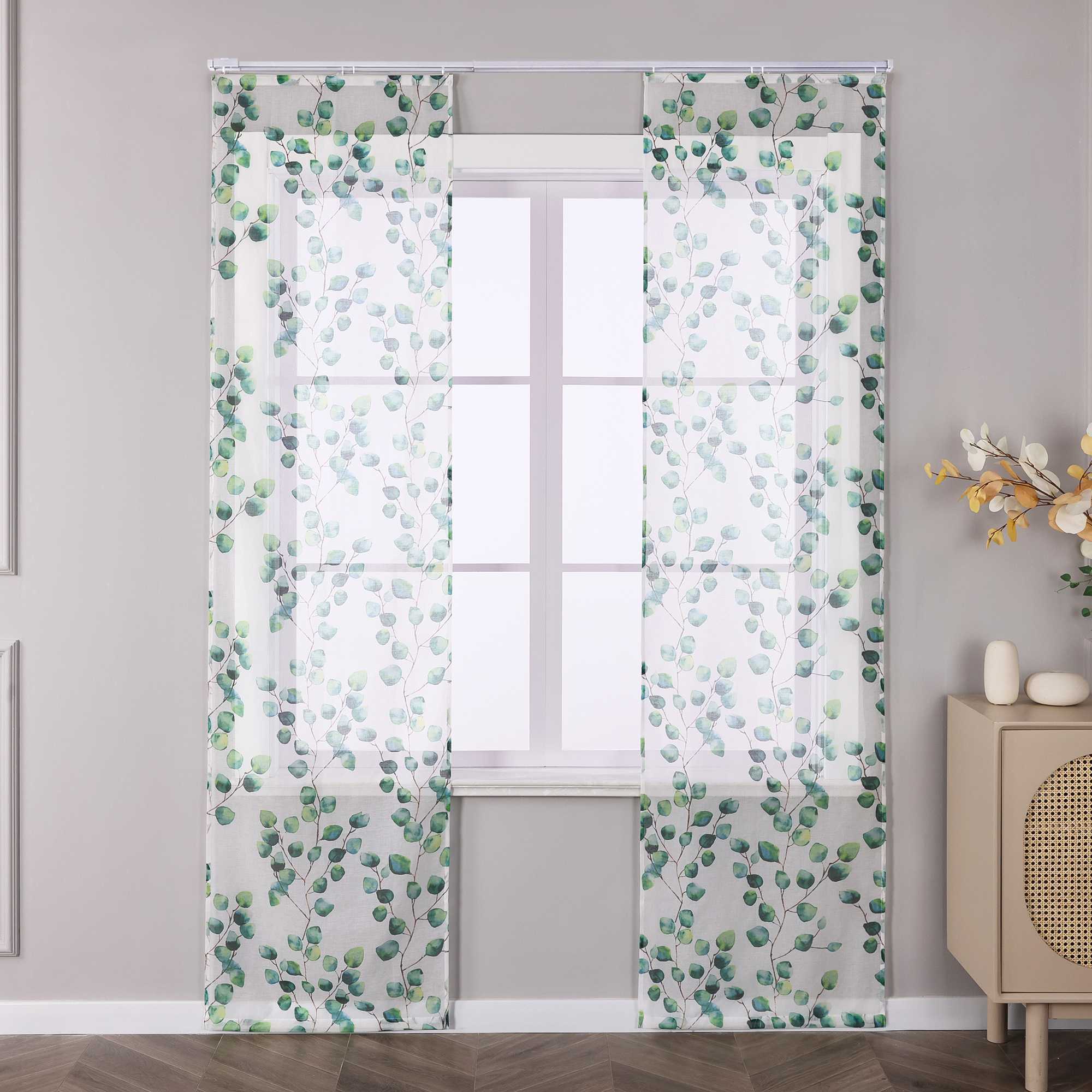 Halbtransparente Schiebegardinen Klettbandschal mit grünem Blättermuster Lichtdurchlässig 2er Set