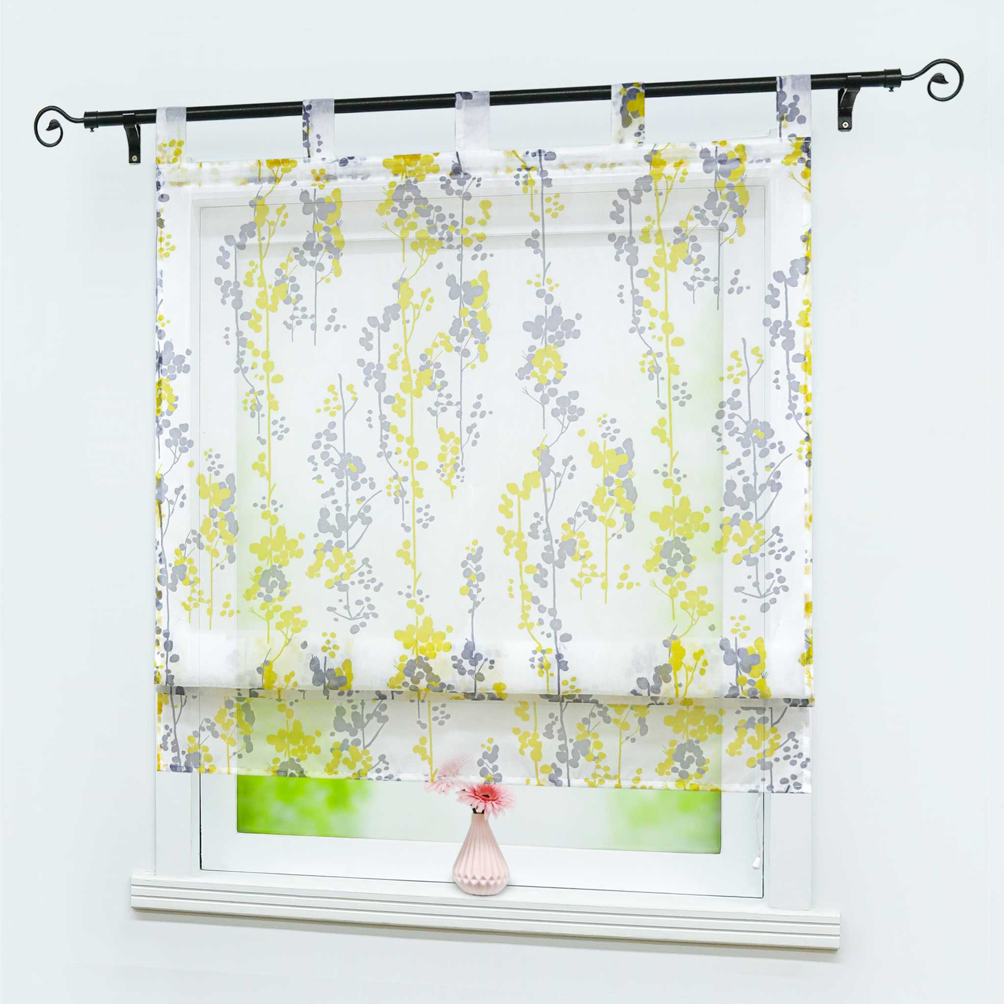 Raffrollo mit Schlaufen Halbtransparent Voile Raffgardine mit Blaubeermuster Modern Küche Gardinen