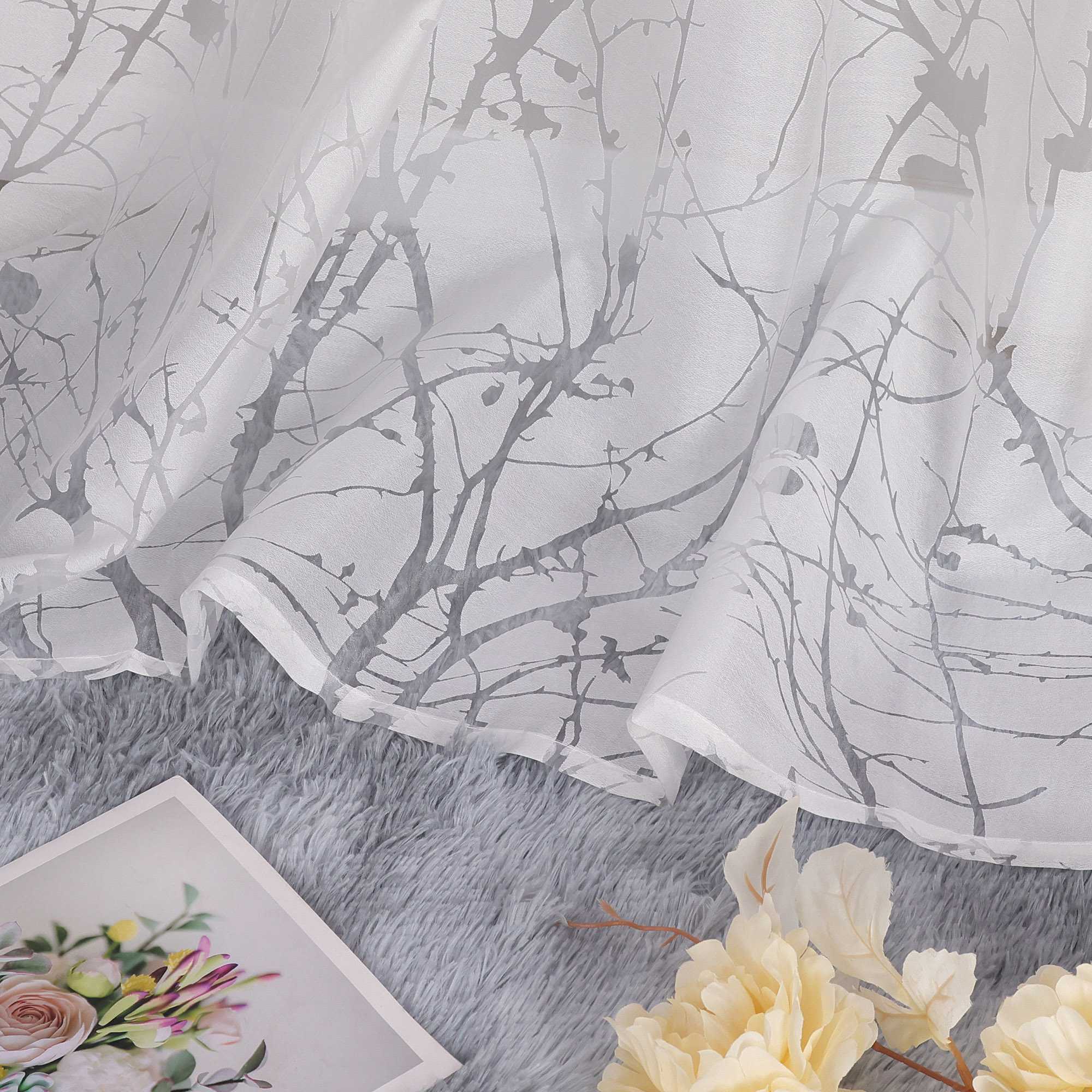 Transparente Vorhang mit Blumenmuster aus Polyester Lichtdurchlässig Wohnzimmer weiß 1 stück