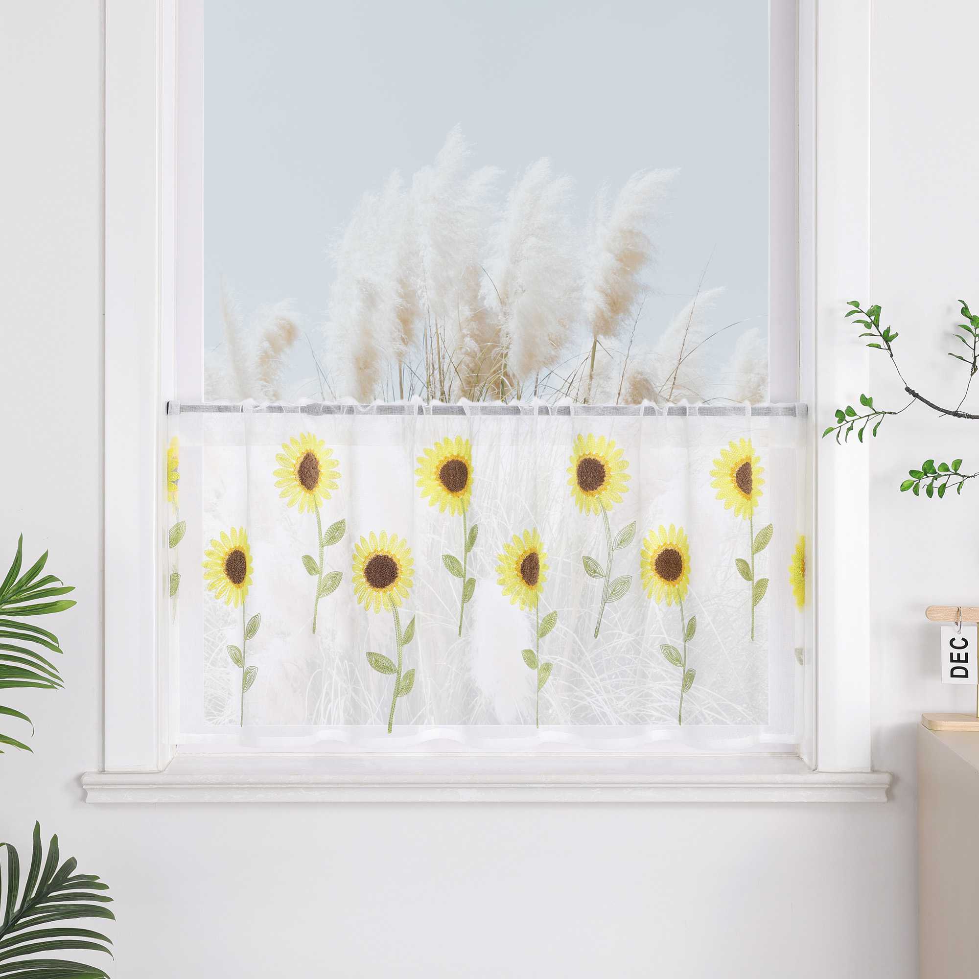 Scheibengardinen Bistrogardinen durch Tunnelzug Voile Küche Kinderzimmer mit Sonnenblume Stickerei Halbtransparent